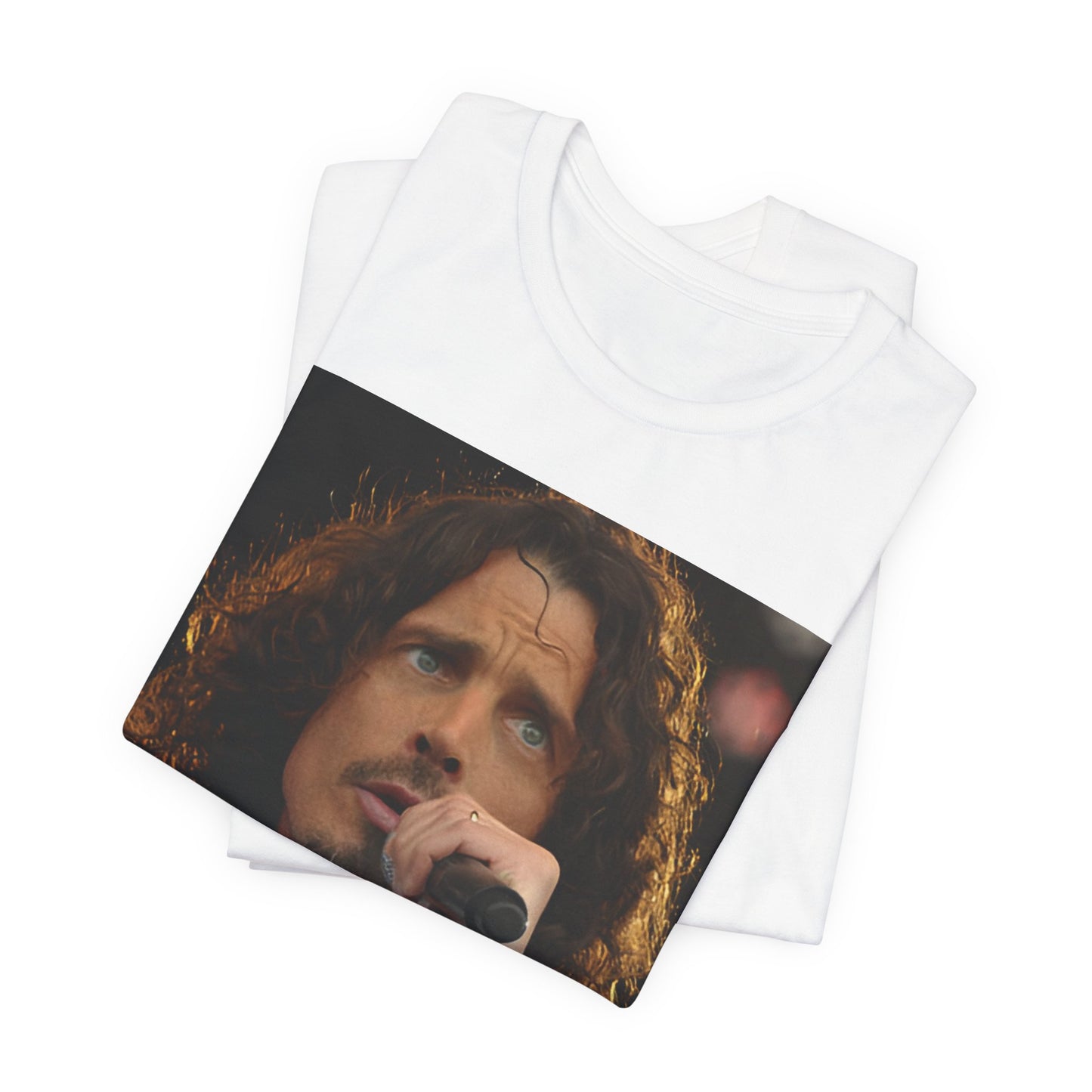 A black graphic t-shirt featuring a graphic related to Chris Cornell's song 'Like a Stone' or Audioslave.