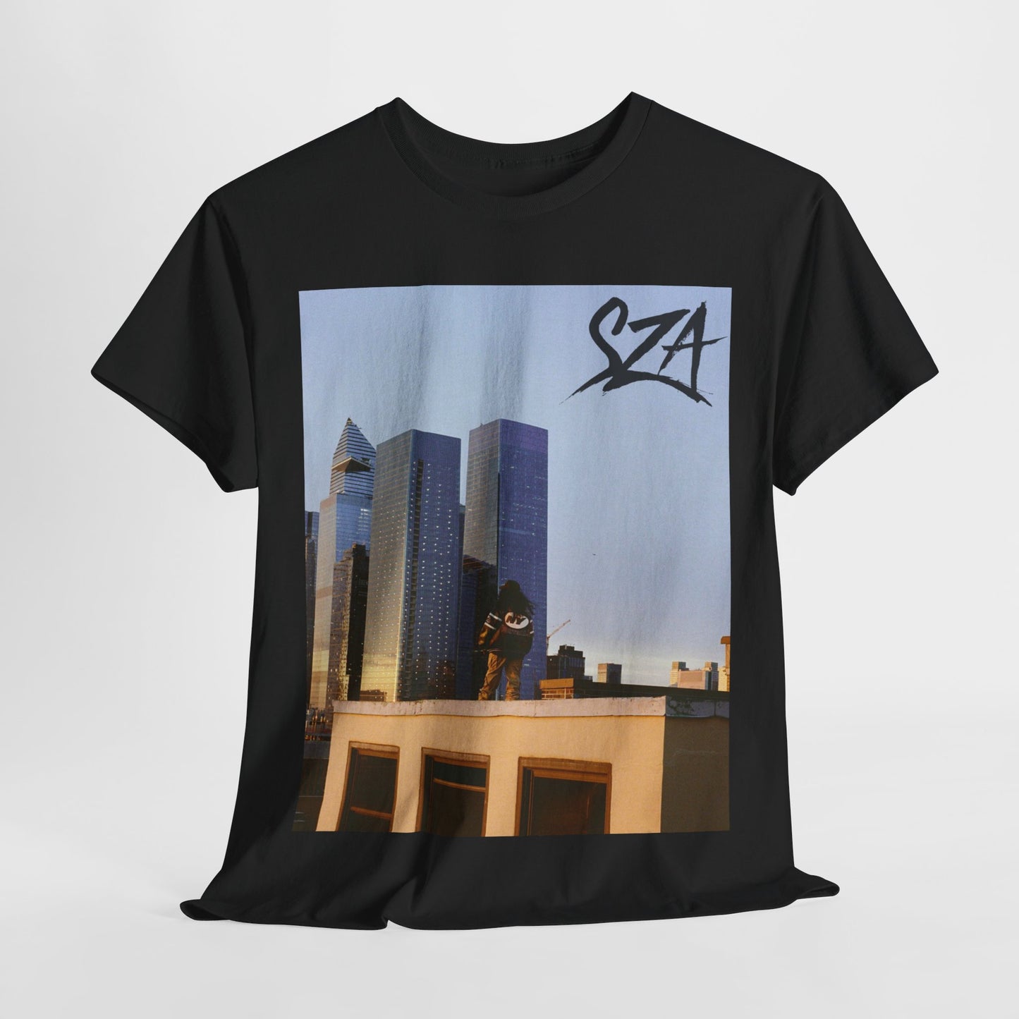 A black graphic t-shirt featuring a modern R&B essential graphic of SZA.