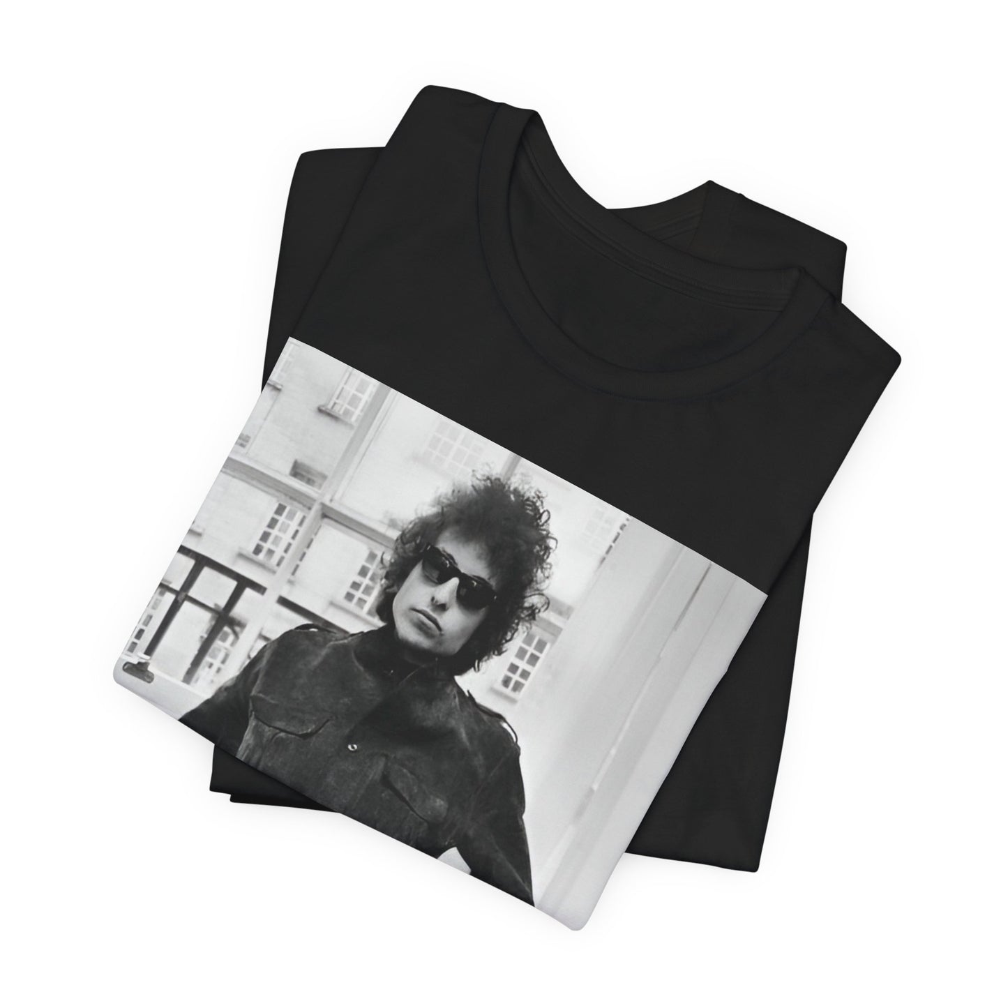 A black graphic t-shirt featuring a graphic related to Bob Dylan's 'Highway 61' era, possibly with album art elements or iconic imagery.