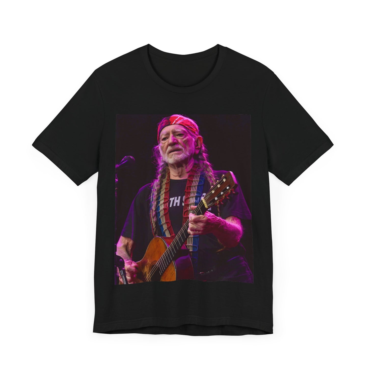 A black graphic t-shirt featuring an outlaw country legend graphic of Willie Nelson.