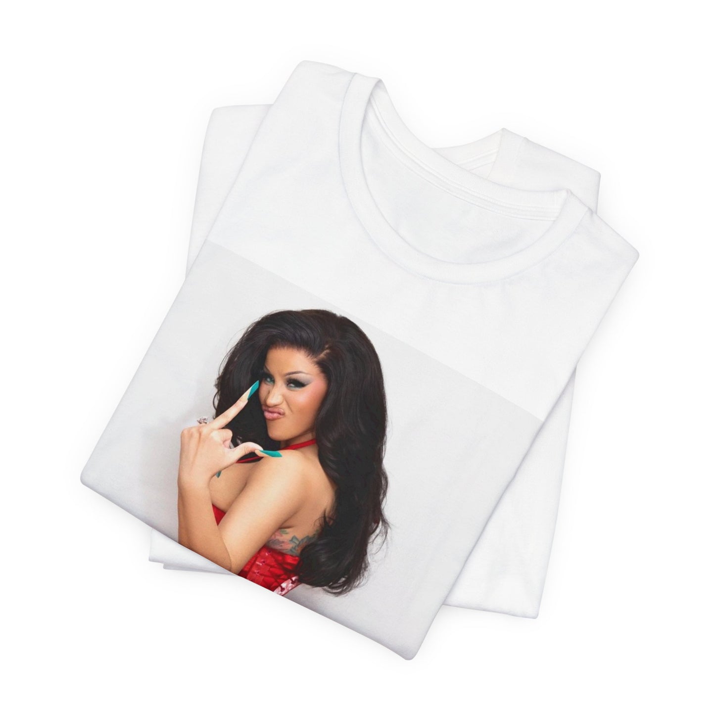 A black graphic t-shirt featuring a graphic of Cardi B making 'the finger' gesture.