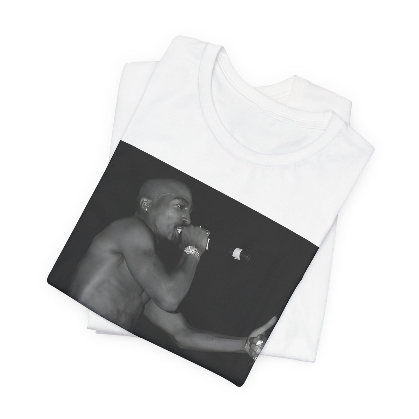 A black graphic t-shirt featuring a graphic of Tupac as a justice fighter.