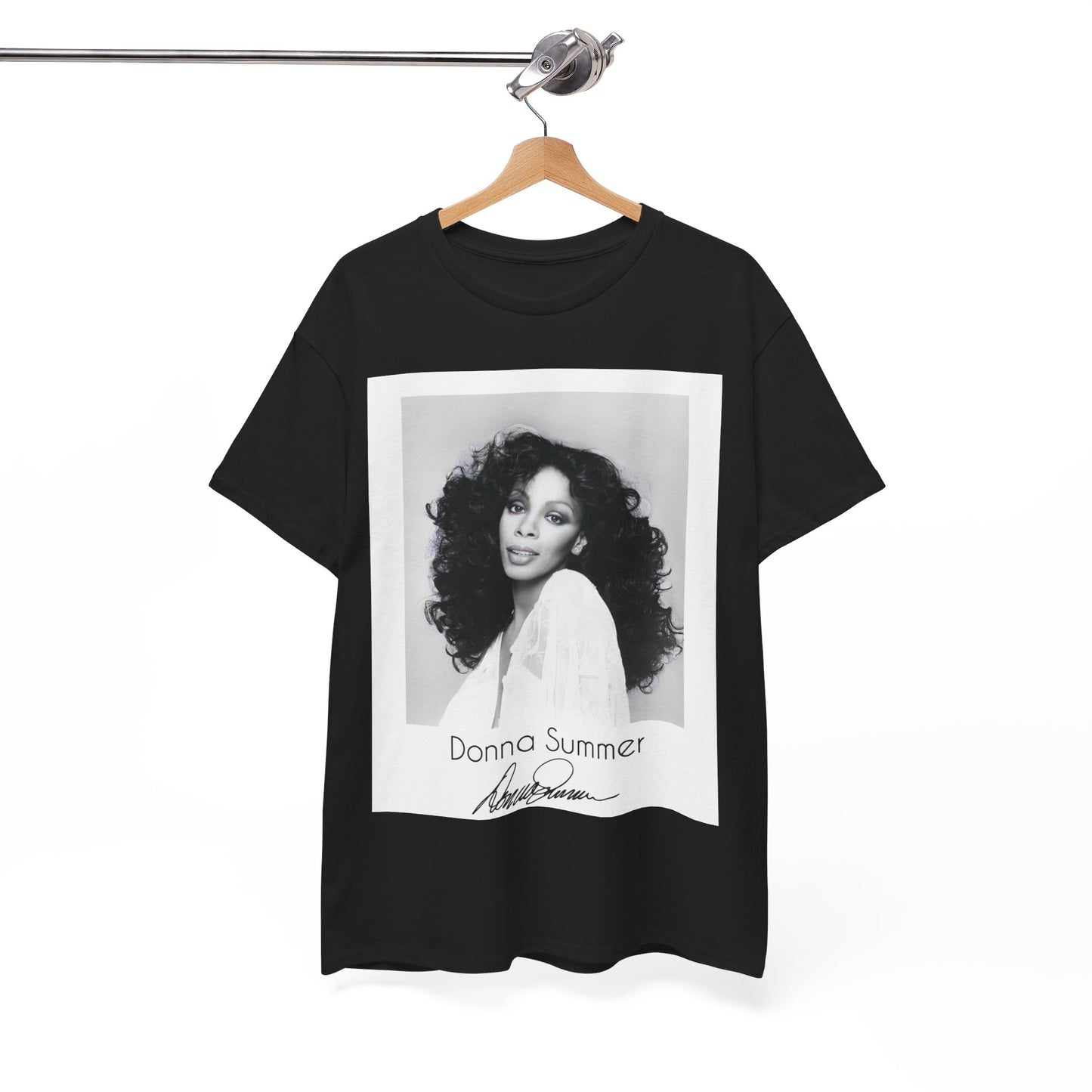 A black graphic t-shirt featuring a portrait of Donna Summer, possibly with her signature or iconic elements.