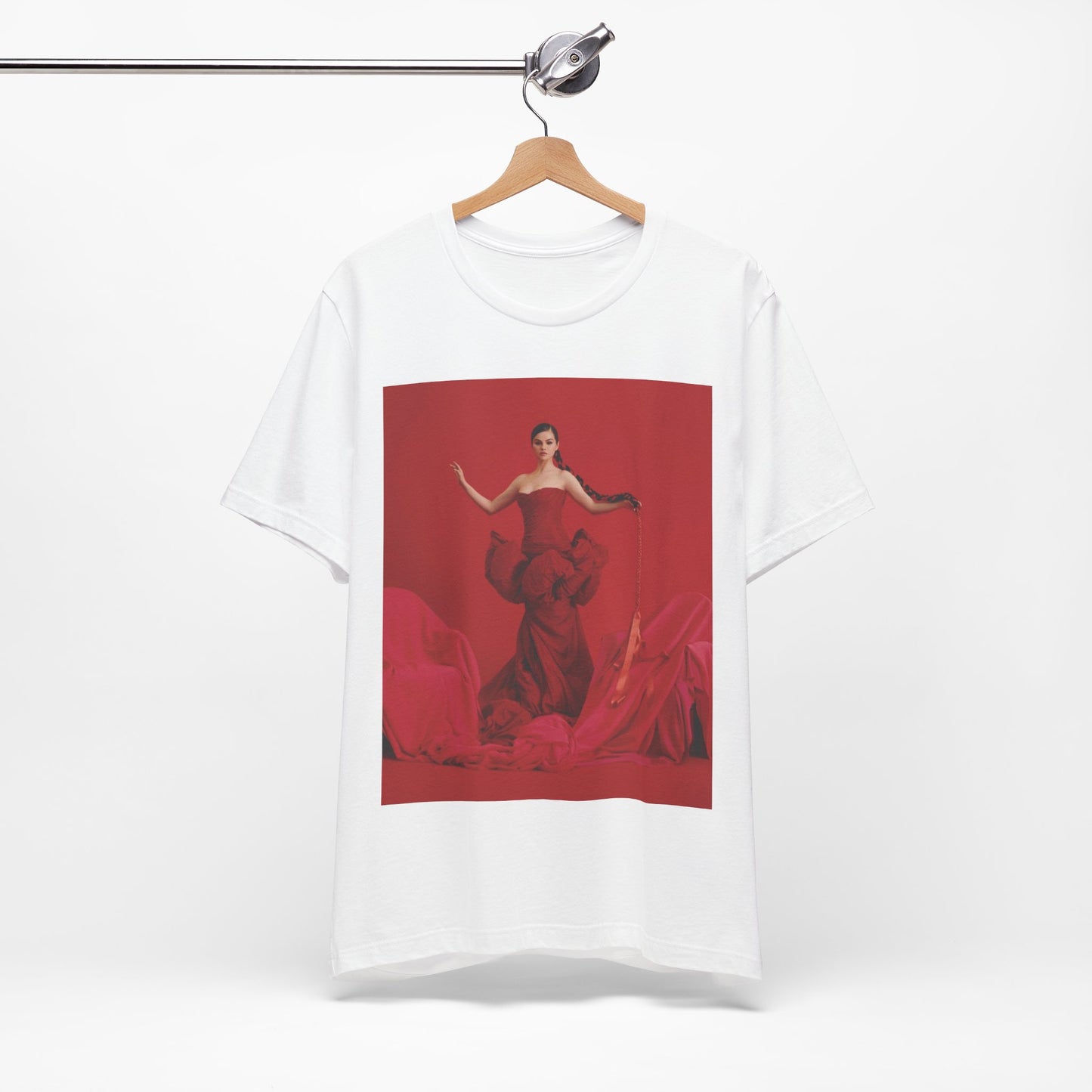 A black graphic t-shirt featuring a glam pop diva graphic of Selena Gomez.