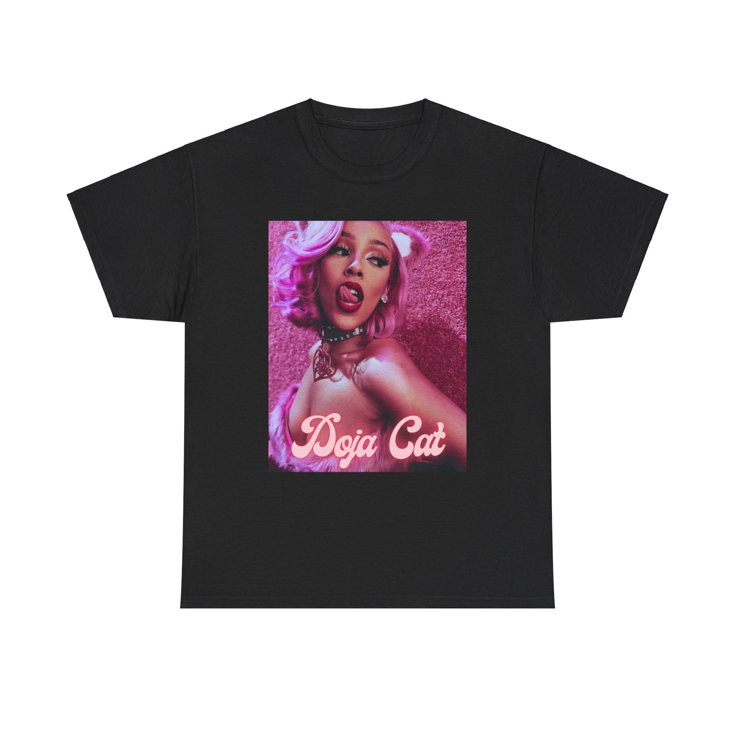 A black graphic t-shirt featuring a graphic of Doja Cat as a rap star with an aesthetic design.