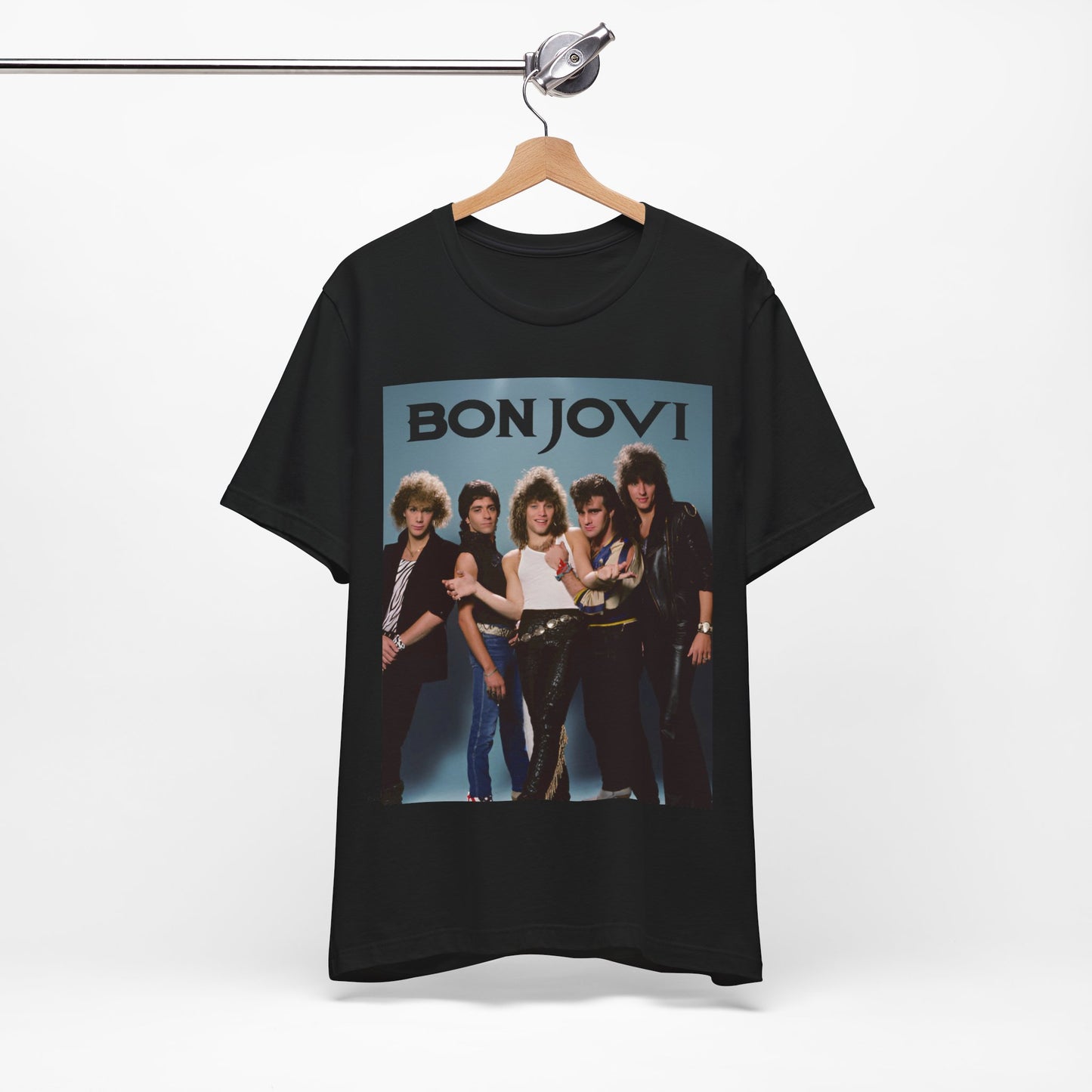 A black graphic t-shirt featuring a retro graphic inspired by Bon Jovi's 'Slippery When Wet' album art.