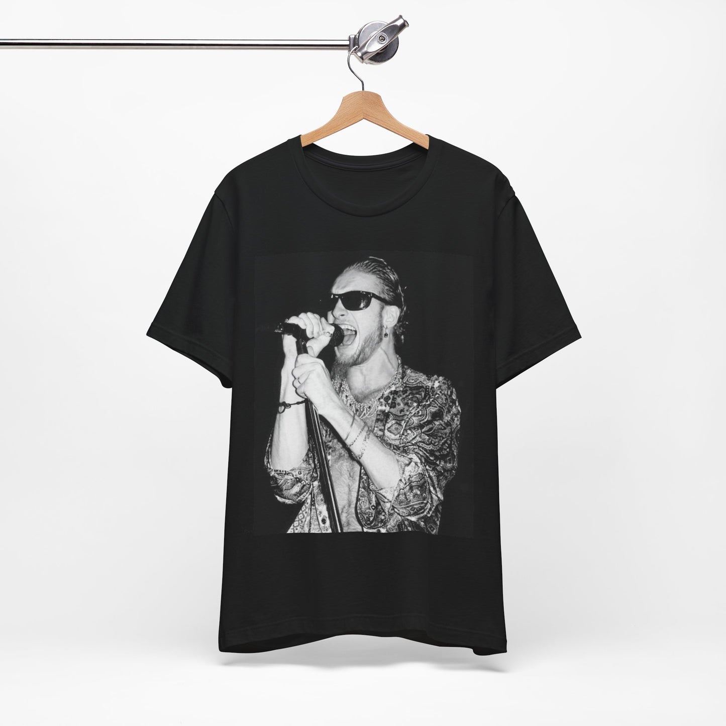 A black graphic t-shirt featuring an iconic black and white portrait photo of Layne Staley from Alice In Chains, showing his distinctive look.