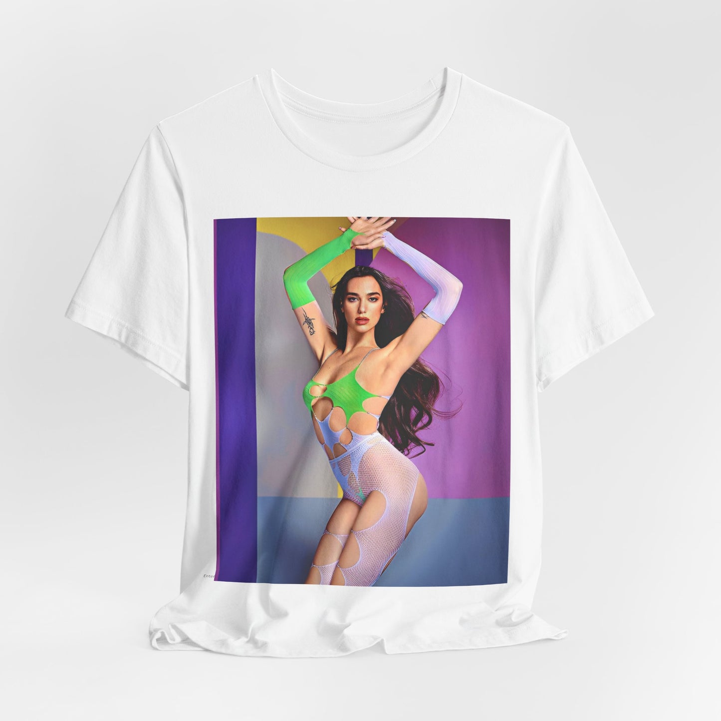 A black graphic t-shirt featuring a casual graphic related to Dua Lipa's "Future Nostalgia" era.