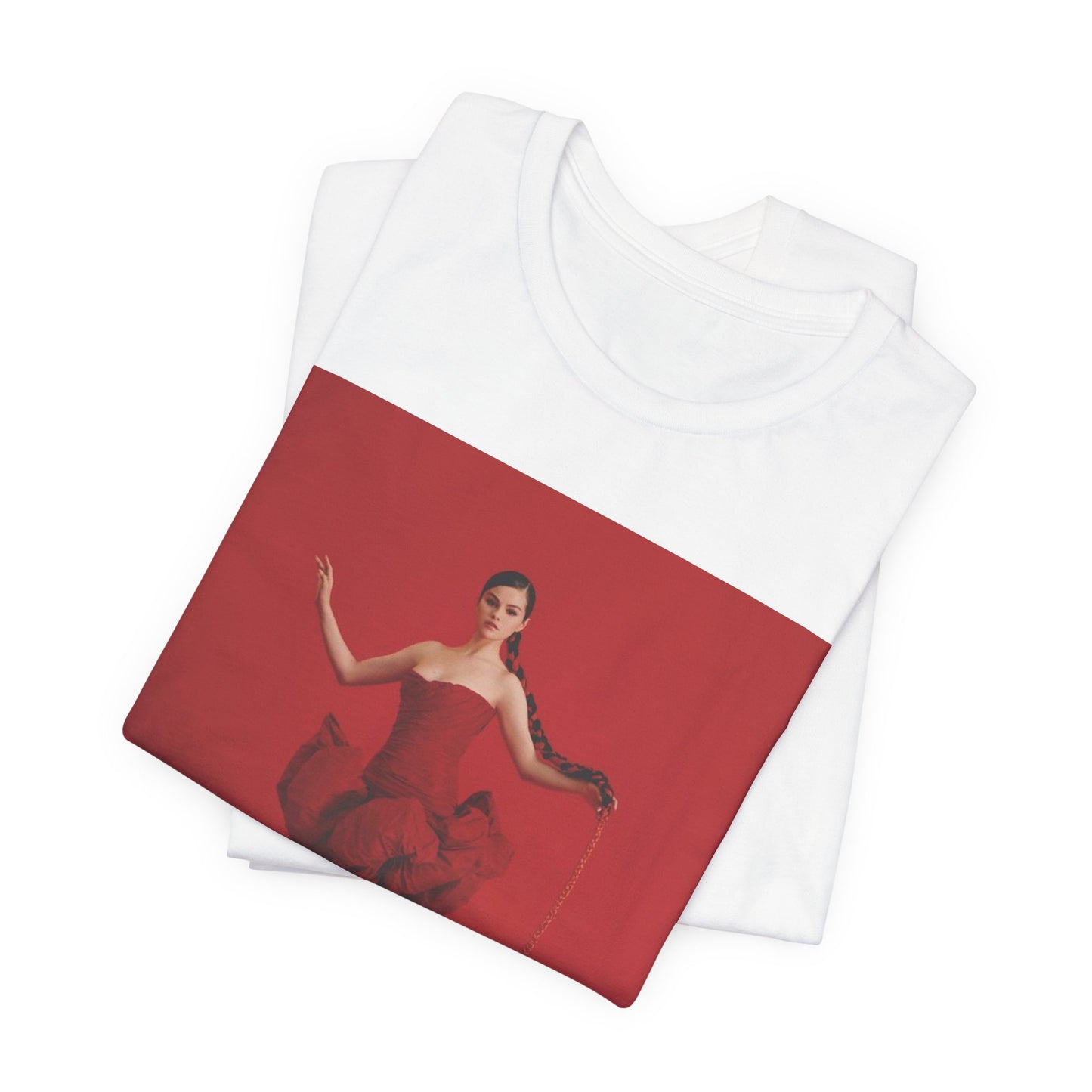 A black graphic t-shirt featuring a glam pop diva graphic of Selena Gomez.