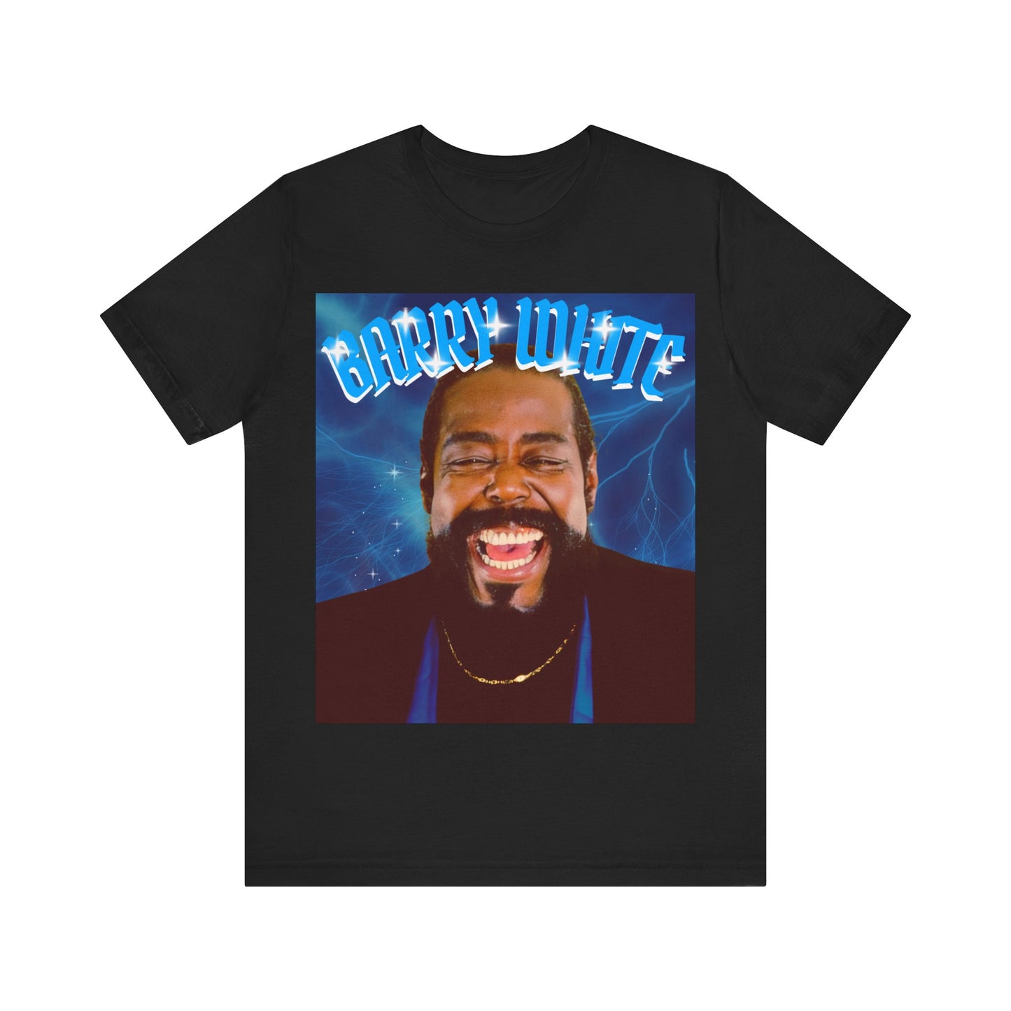 A black graphic t-shirt featuring a vintage 70s-style graphic of Barry White, emphasizing his smooth, iconic look.