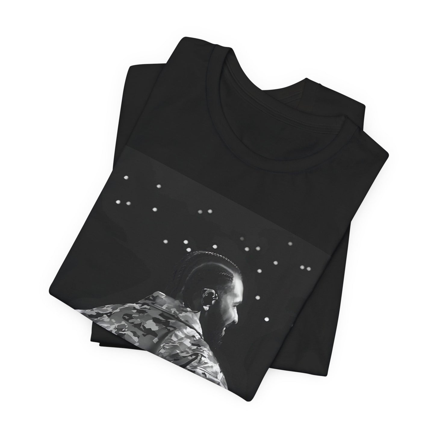 A black graphic t-shirt featuring a black and white graphic or photo of Drake performing live on stage.