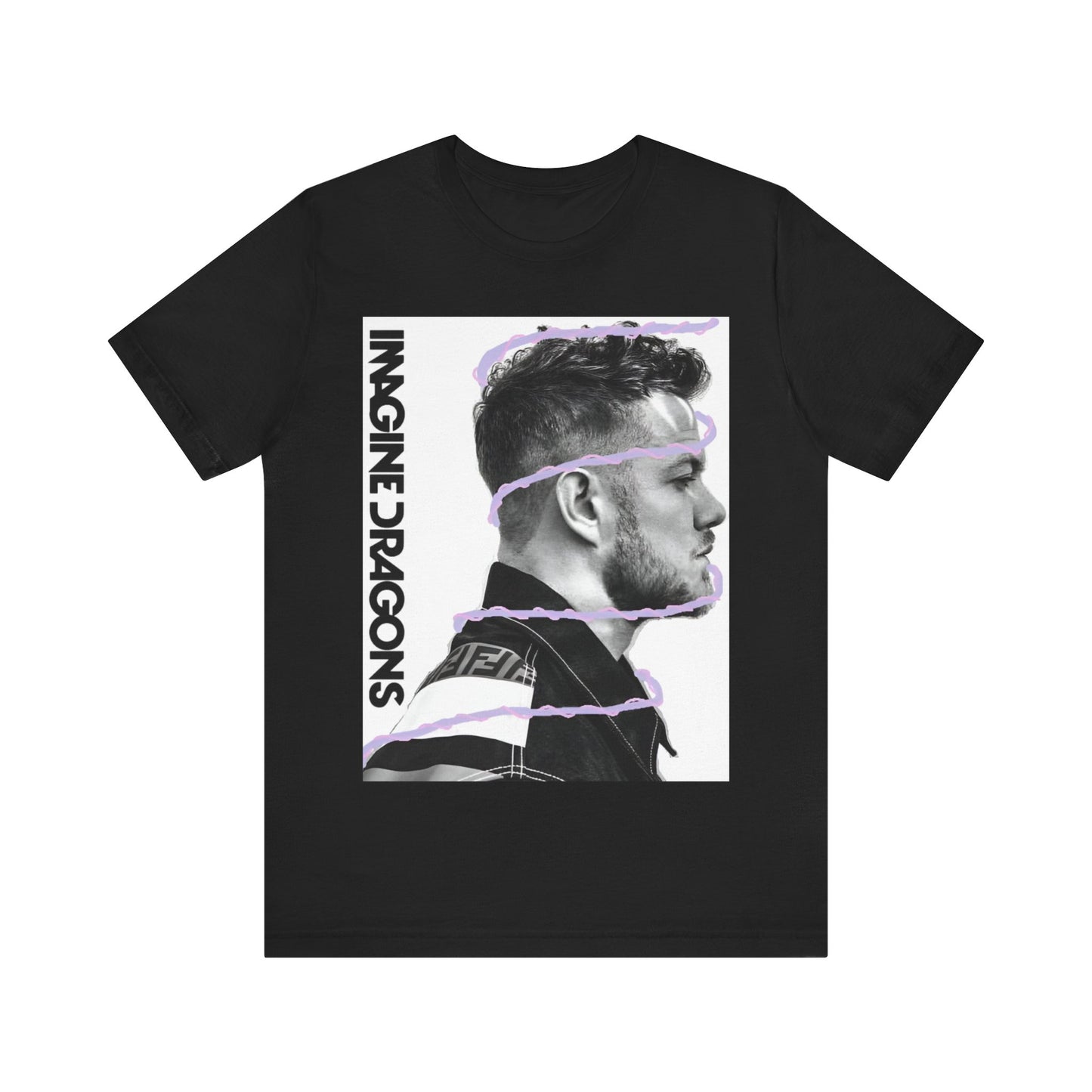 A black graphic t-shirt featuring a graphic of Imagine Dragons designed with a modern alt rock spirit.