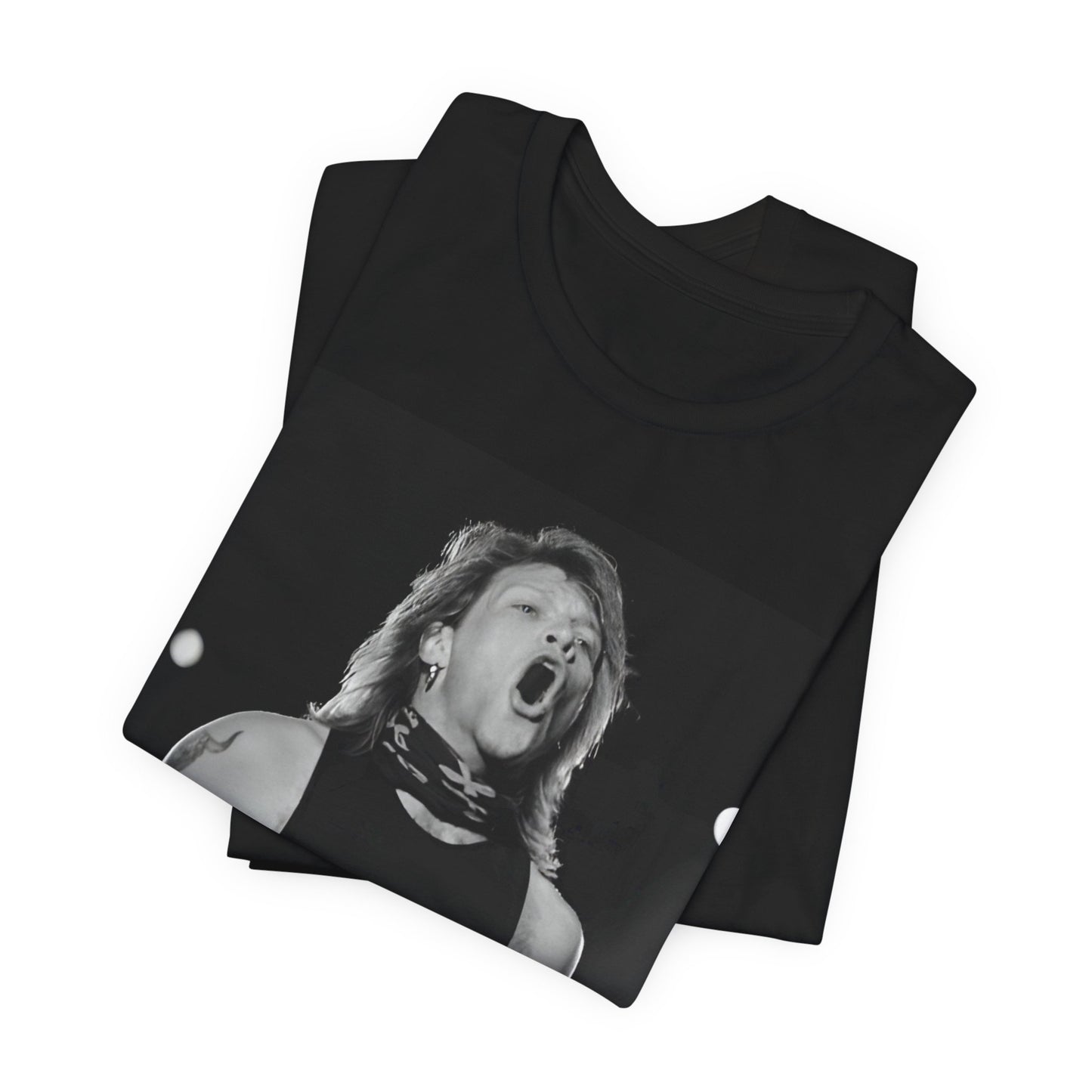A black graphic t-shirt featuring a black and white iconic graphic or photo of Bon Jovi as superstars.
