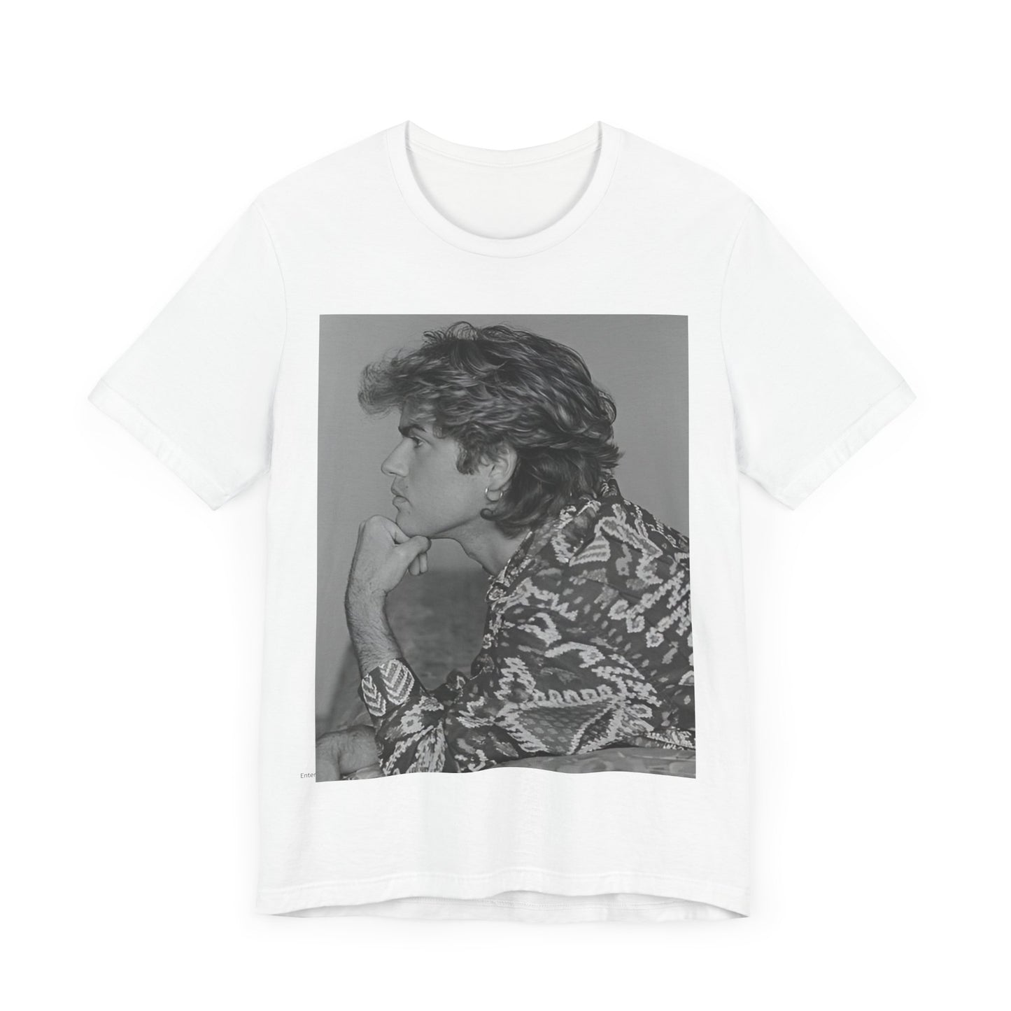 A black graphic t-shirt featuring a graphic of George Michael from his 80s Wham! era.