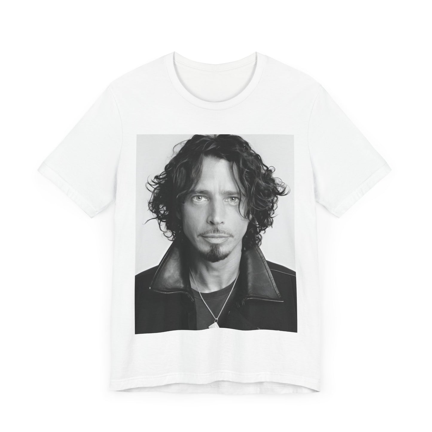 A black graphic t-shirt featuring a timeless black and white photo portrait of Chris Cornell.