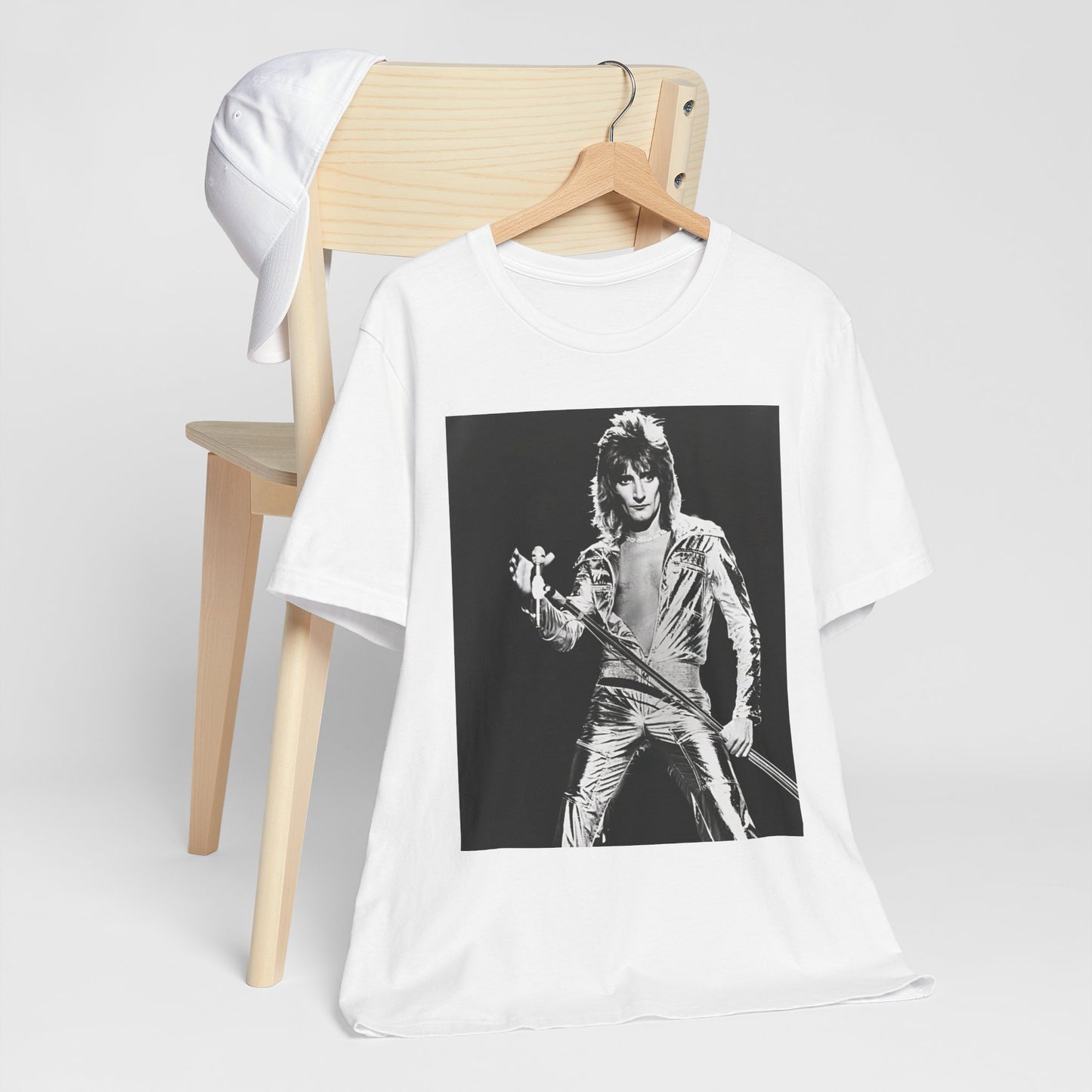 A black graphic t-shirt featuring a 70s black and white monochrome graphic or photo of Rod Stewart.