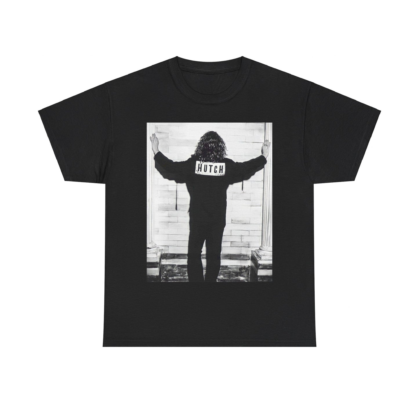 A black graphic t-shirt featuring a graphic of Michael Hutchence from INXS, labeled 'Hutch'.