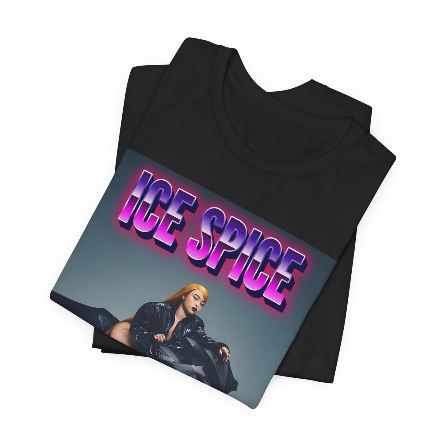 A black graphic t-shirt featuring a graphic of Ice Spice related to motorcycles or a rebellious, cool style.