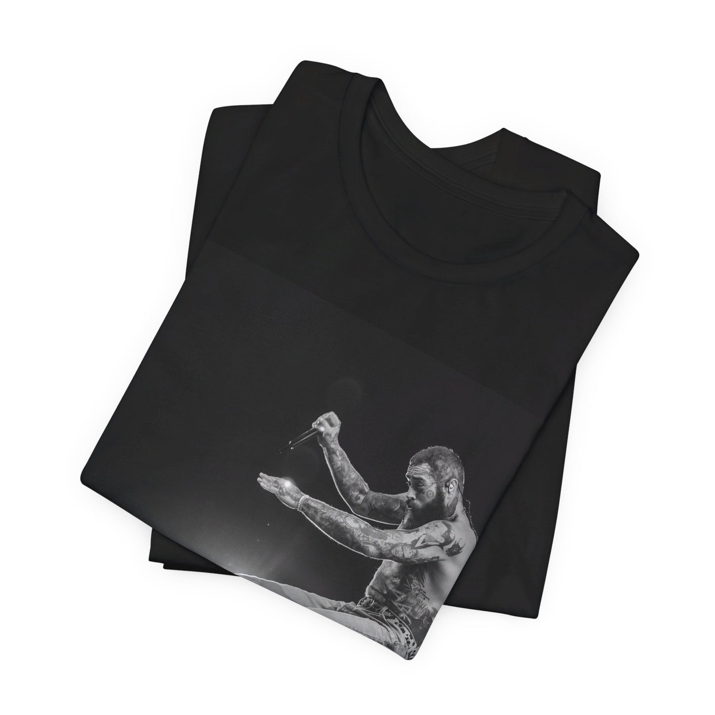 A black graphic t-shirt featuring a vintage graphic or photo of Post Malone performing live.