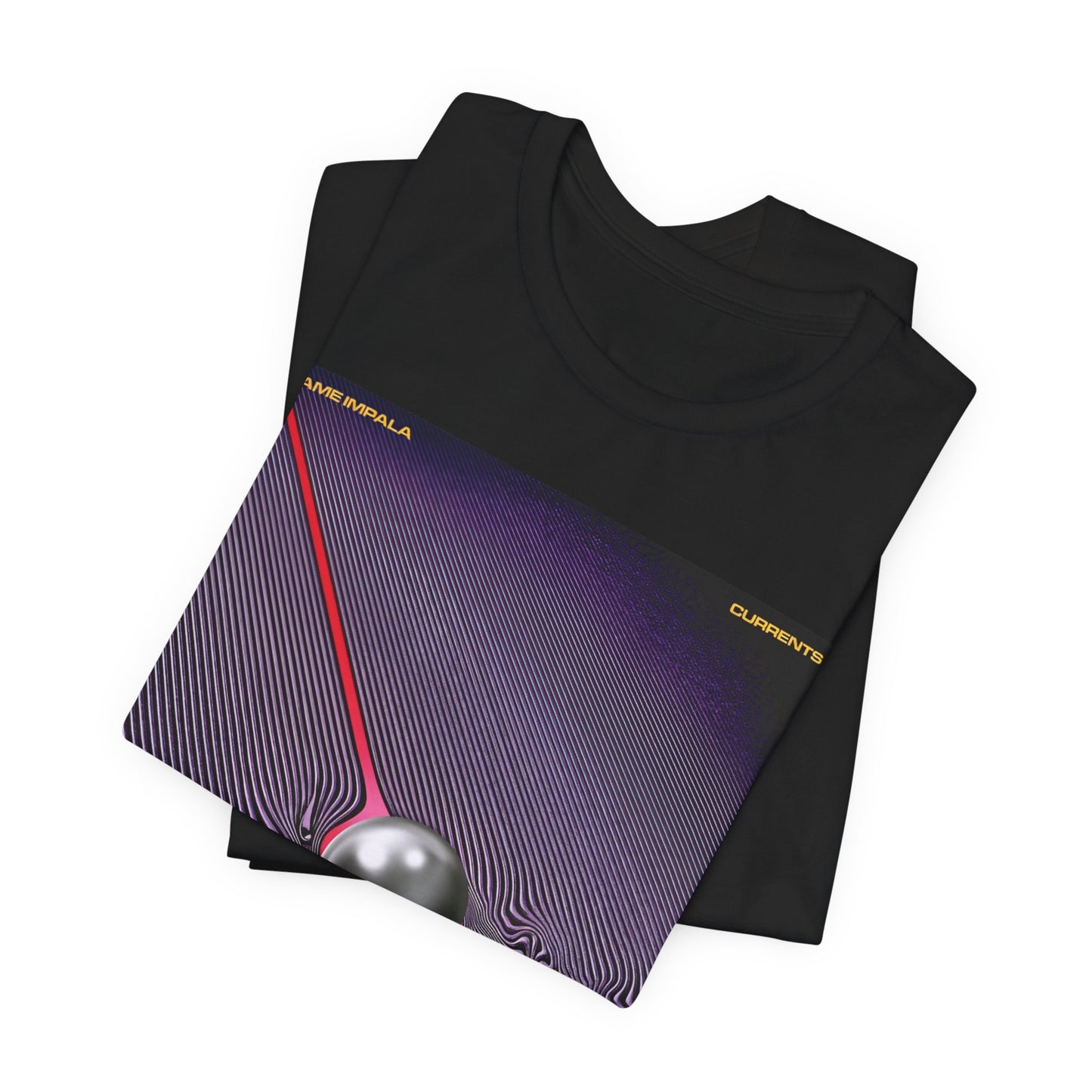 A black graphic t-shirt featuring a graphic related to Tame Impala's 'Currents' album.