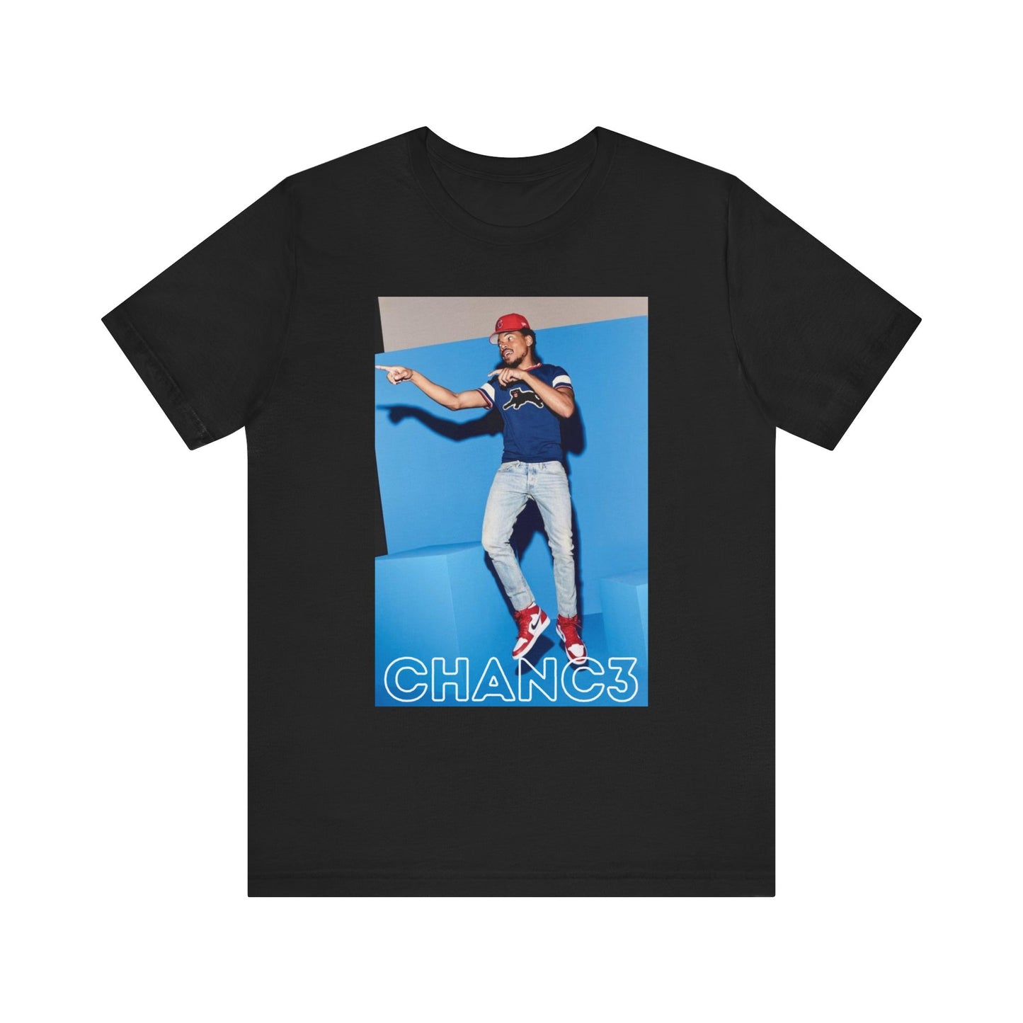 A black graphic t-shirt featuring a graphic of Chance the Rapper emphasizing his gospel rap style.