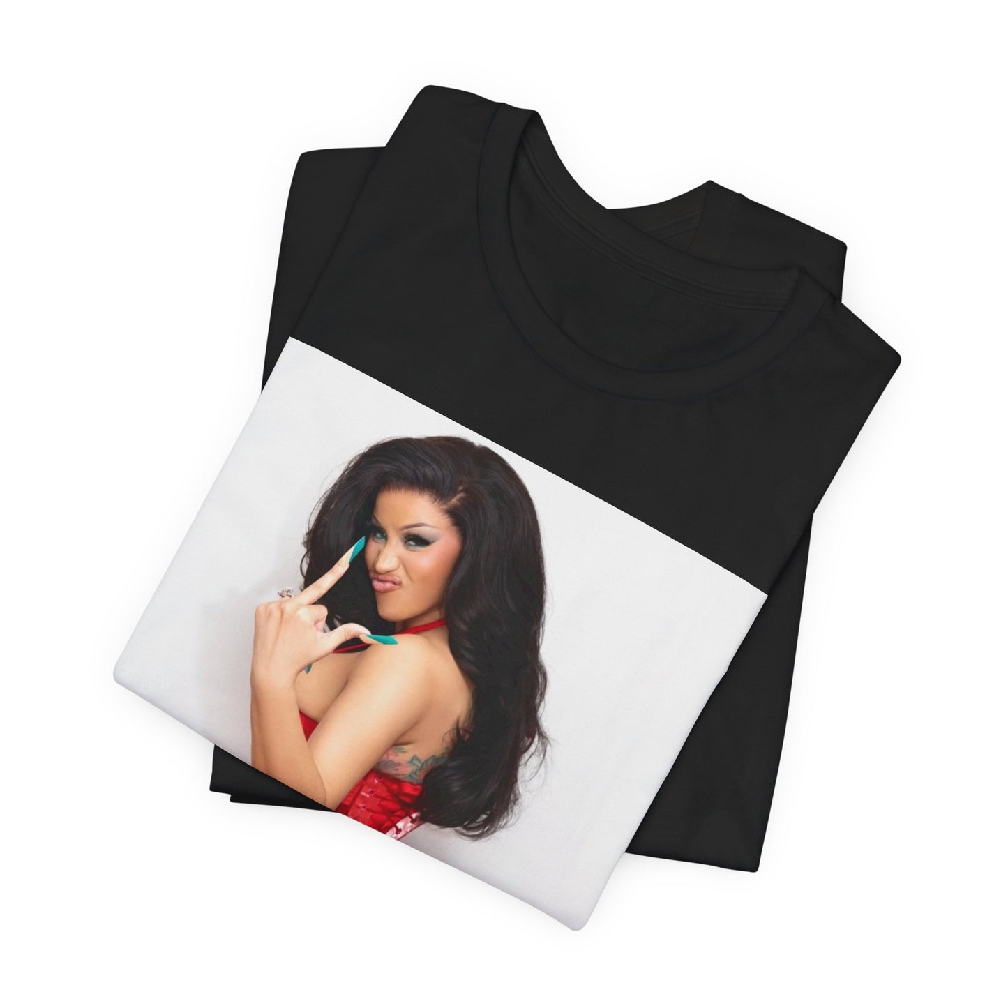 A black graphic t-shirt featuring a graphic of Cardi B making 'the finger' gesture.