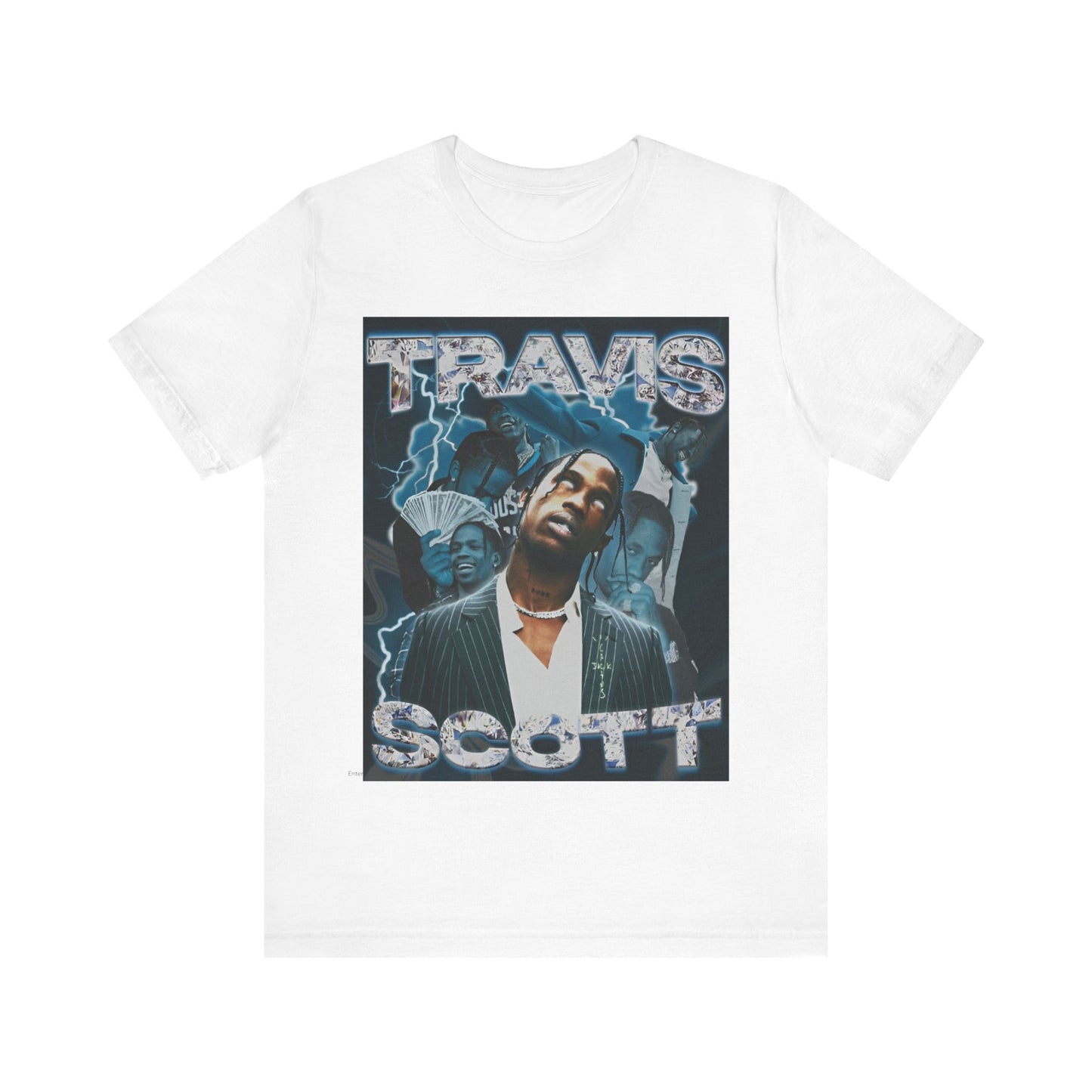 A black graphic t-shirt featuring a 90s bootleg style graphic of Travis Scott.
