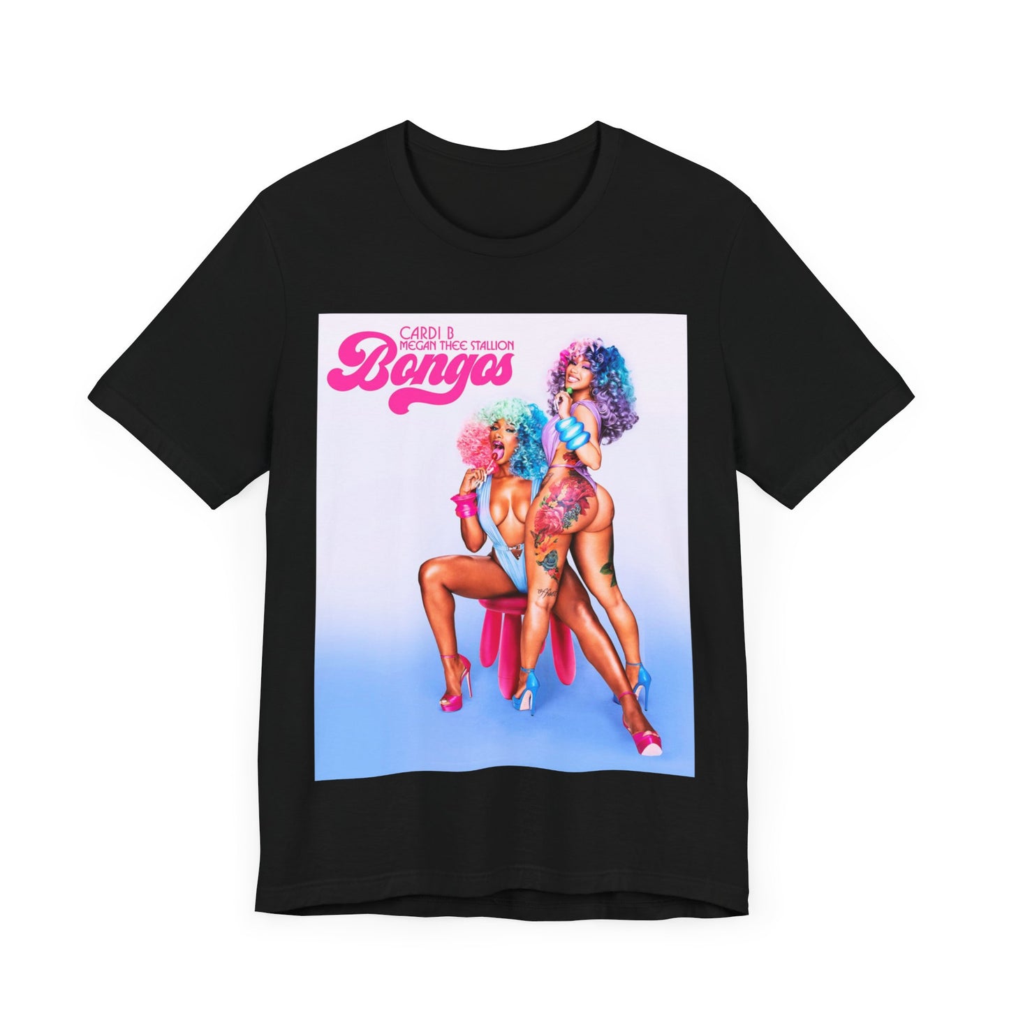 A black graphic t-shirt featuring the single artwork for Cardi B's song "Bongos."