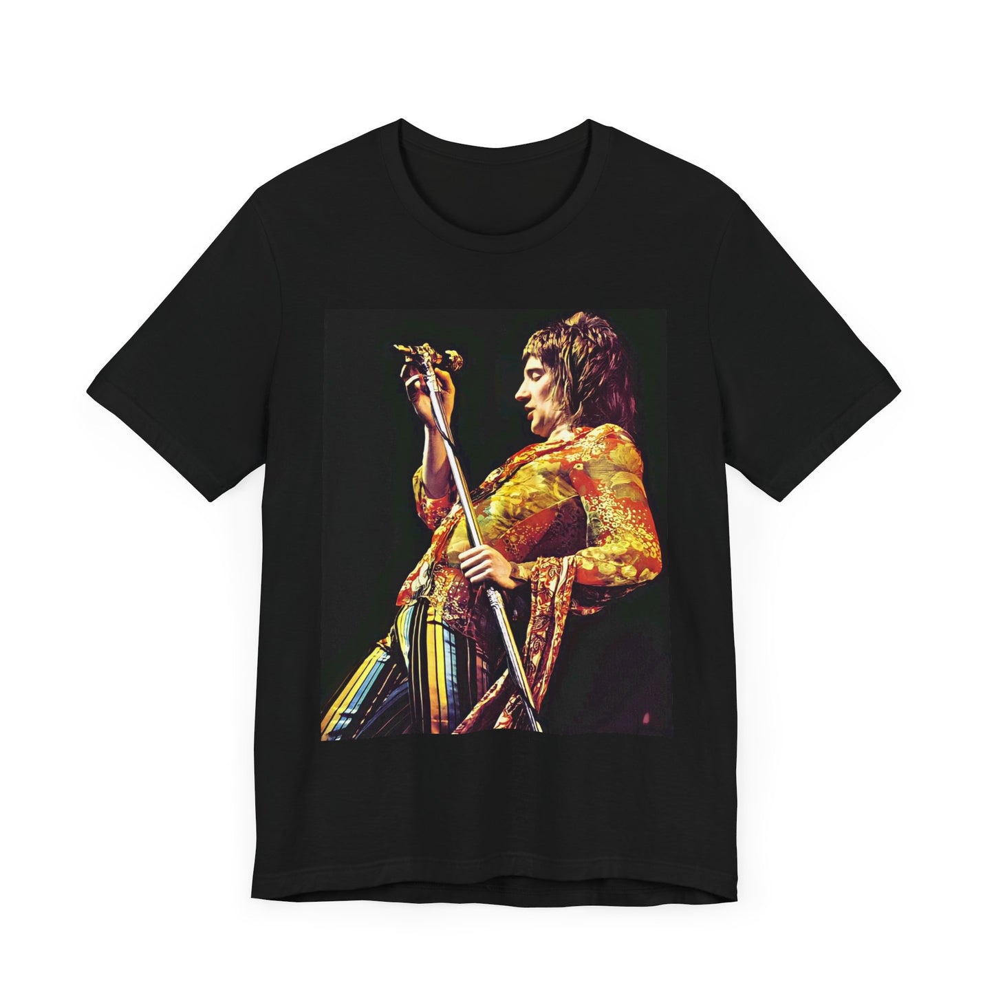 A black graphic t-shirt featuring a fierce graphic of Rod Stewart performing on stage from the 70s.