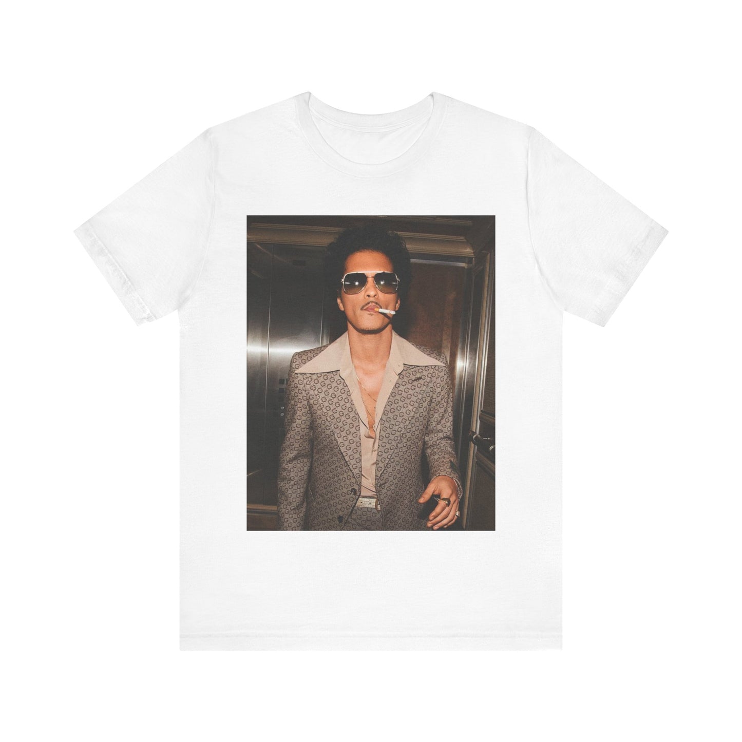 A black graphic t-shirt featuring a retro photo of Bruno Mars with a funk-inspired aesthetic.