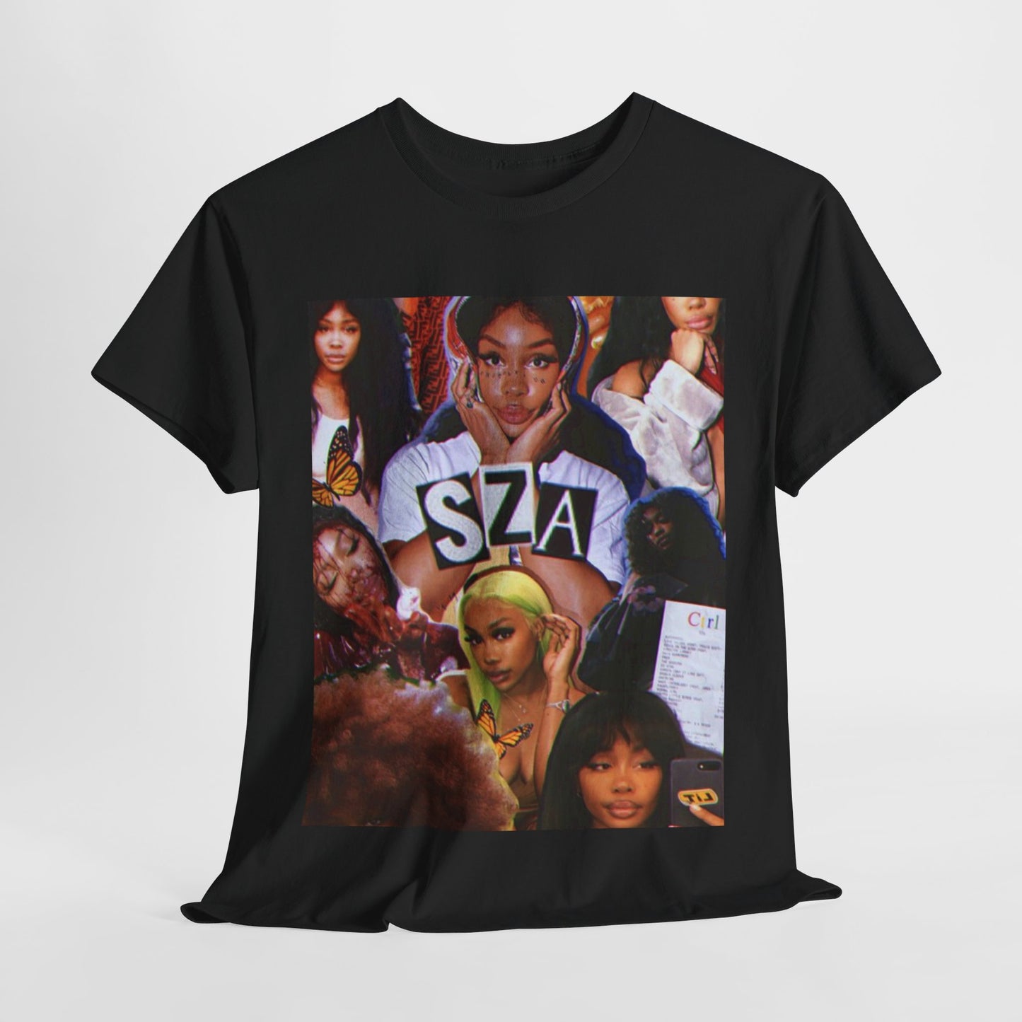 A black graphic t-shirt featuring a bootleg graphic of SZA.