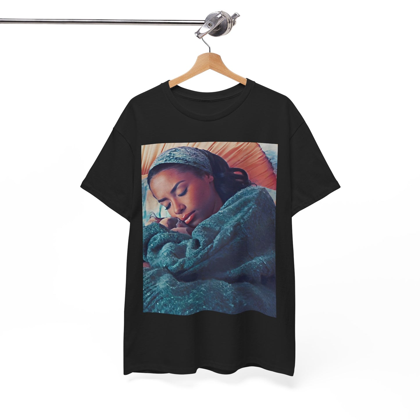 A black graphic t-shirt featuring a 90s R&B princess aesthetic graphic of Aaliyah.