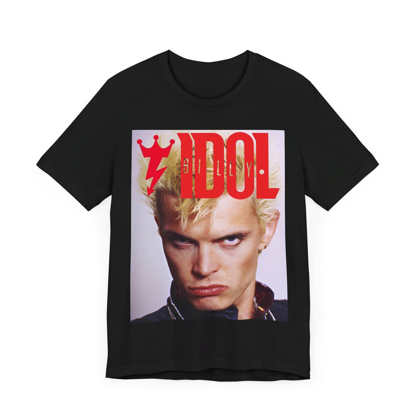 A black graphic t-shirt featuring a graphic inspired by Billy Idol's 'Rebel Yell' album or era.
