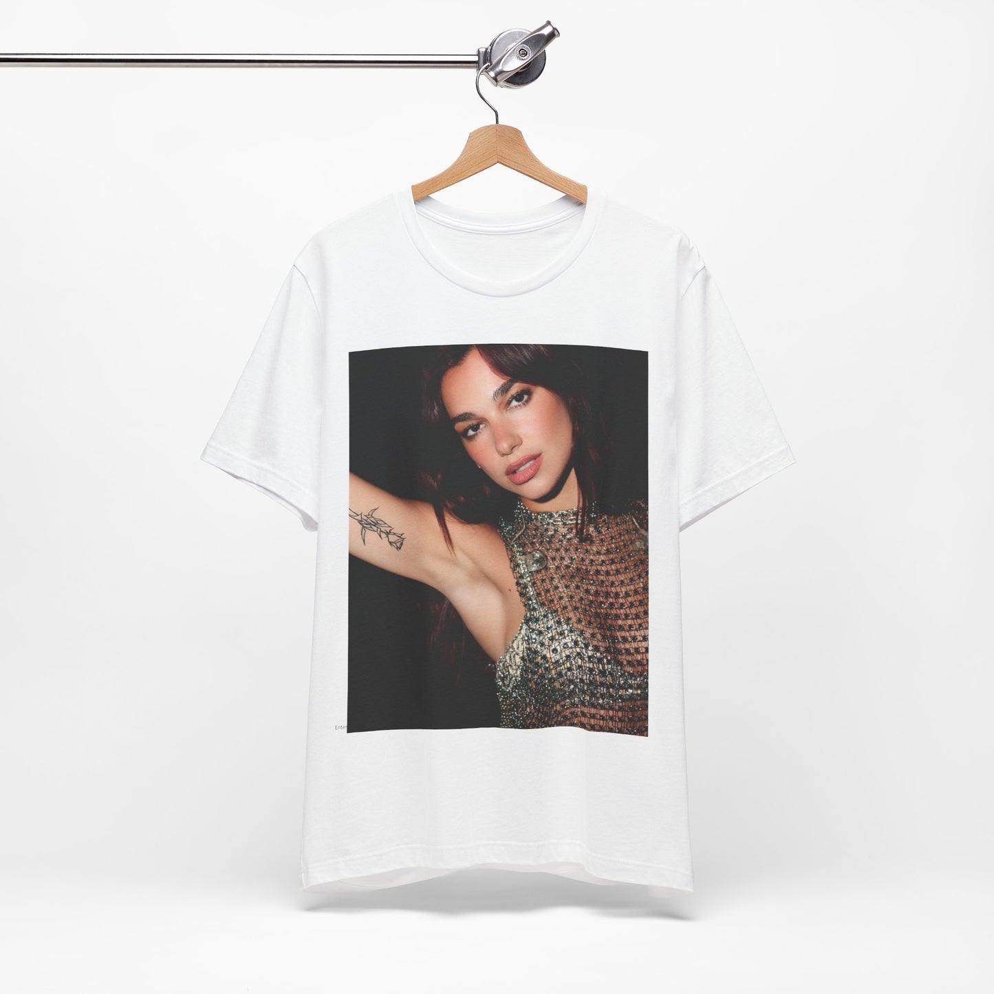 A black graphic t-shirt featuring a retro graphic inspired by Dua Lipa's "Don't Start Now" song.