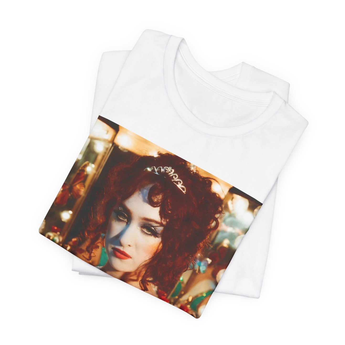 A black graphic t-shirt featuring a graphic of Chappell Roan in a bold stage costume.