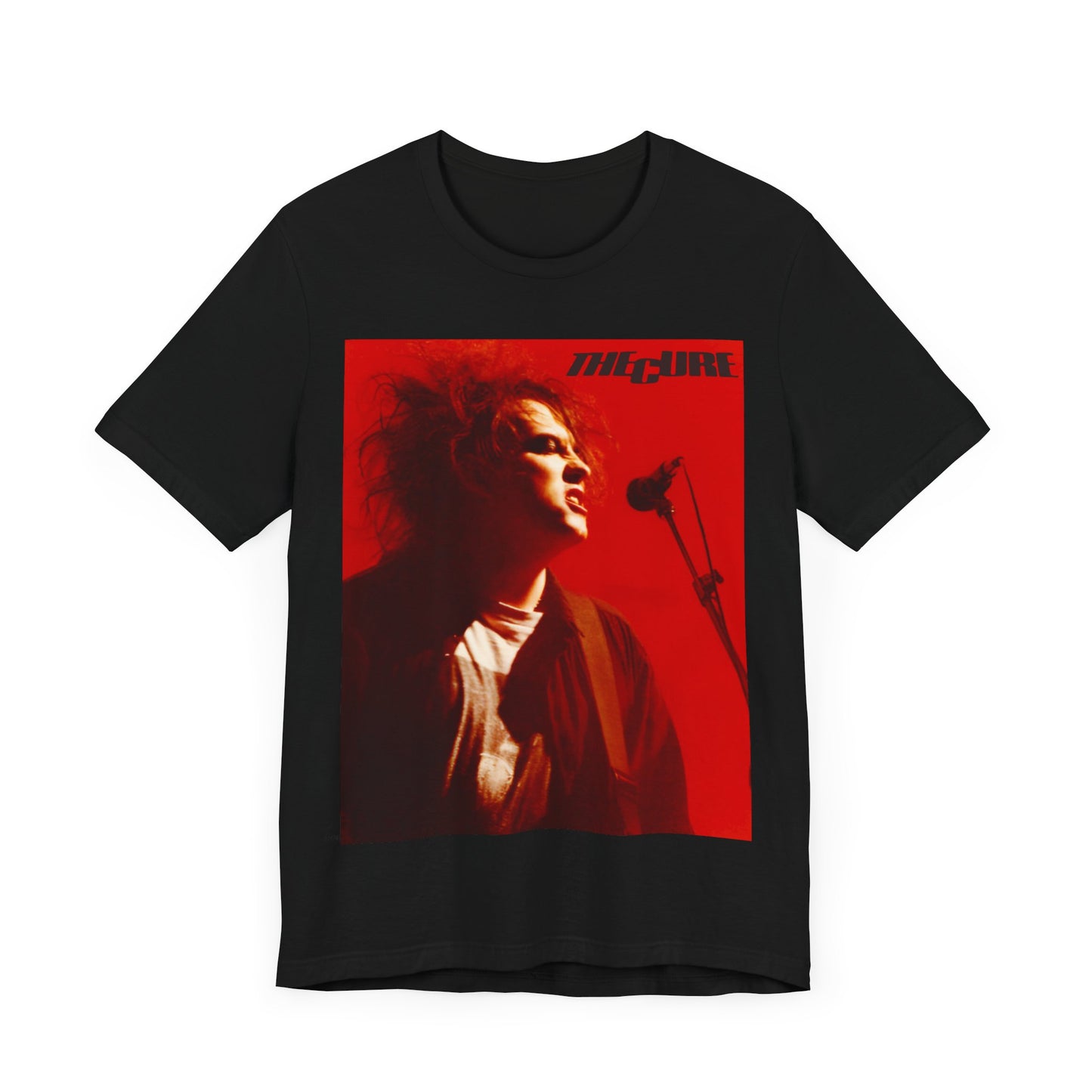 A black graphic t-shirt featuring a graphic of Robert Smith from The Cure with iconic red lipstick.