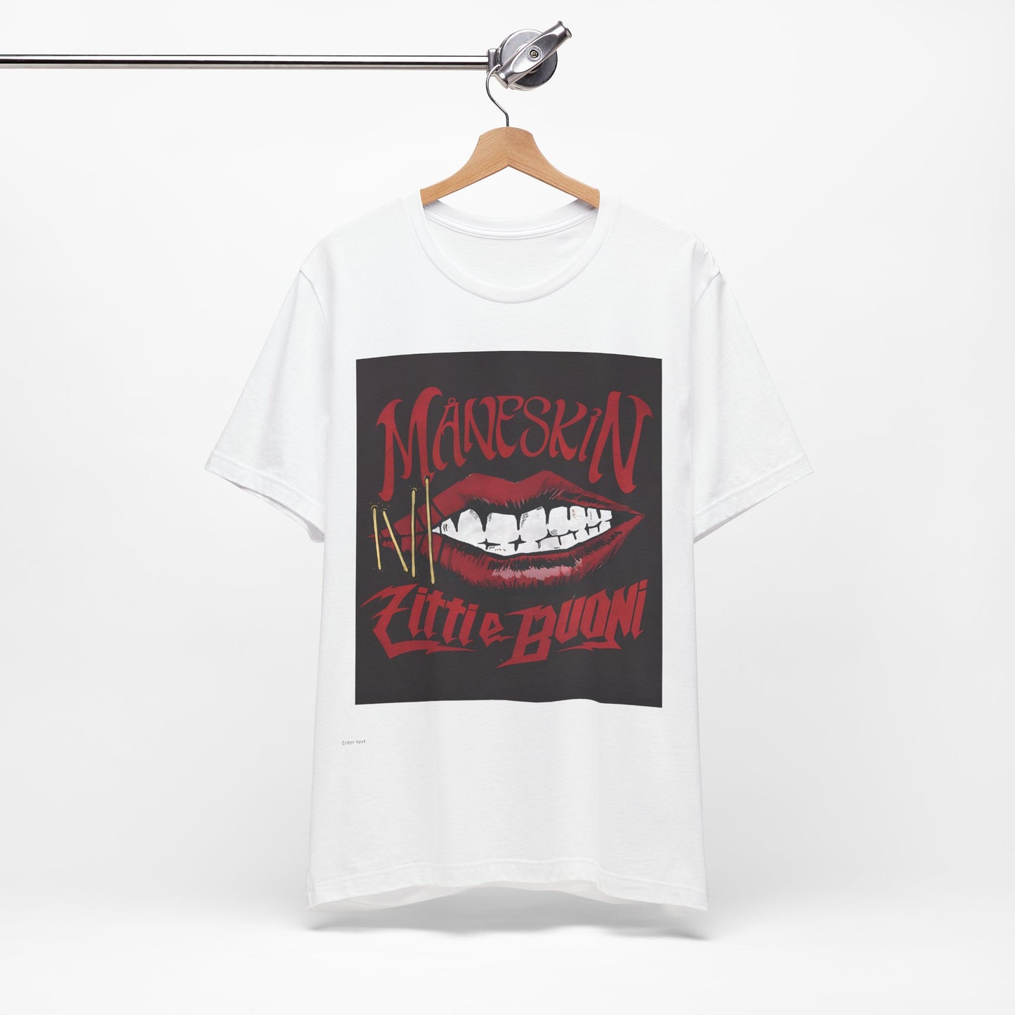 A black graphic t-shirt featuring a graphic related to Maneskin's song "Zitti E Buoni."
