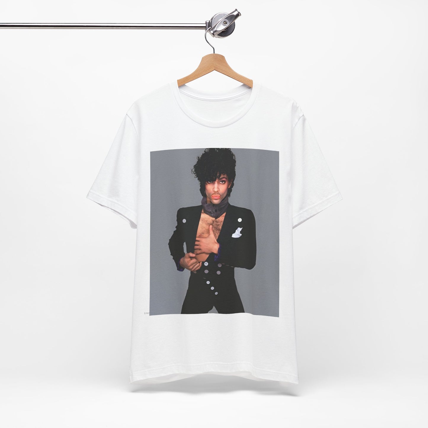 A black graphic t-shirt featuring a 90s vintage funk pop icon graphic of Prince.