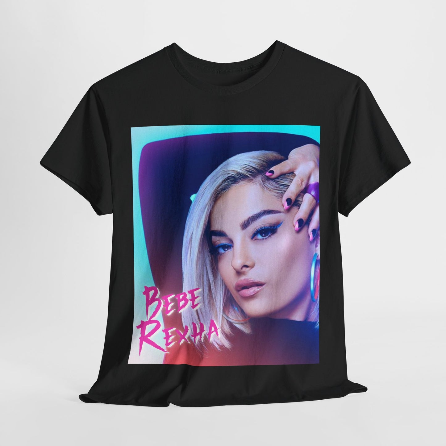 A black graphic t-shirt featuring a stylized graphic of Bebe Rexha, emphasizing her pop star persona.