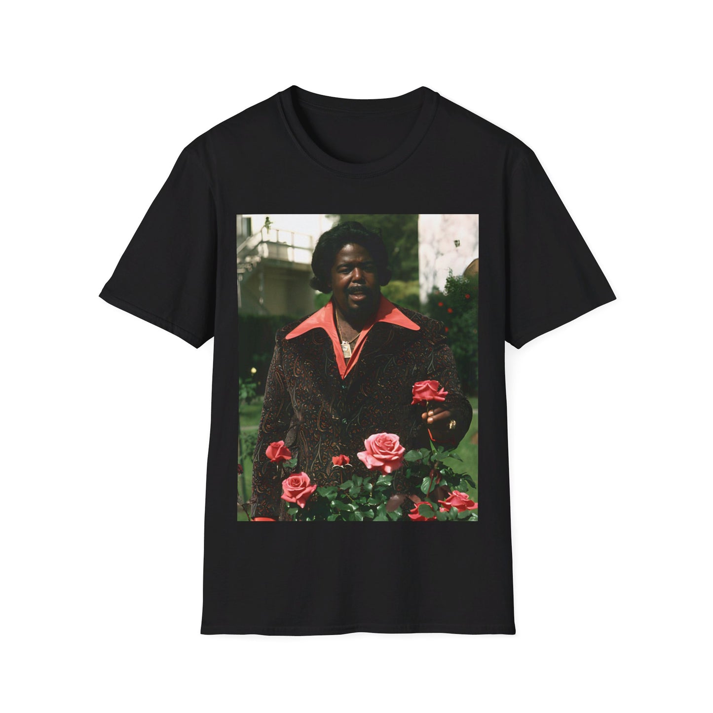 A black graphic t-shirt featuring a graphic of Barry White, emphasizing his romantic and soulful presence from the 1970s.