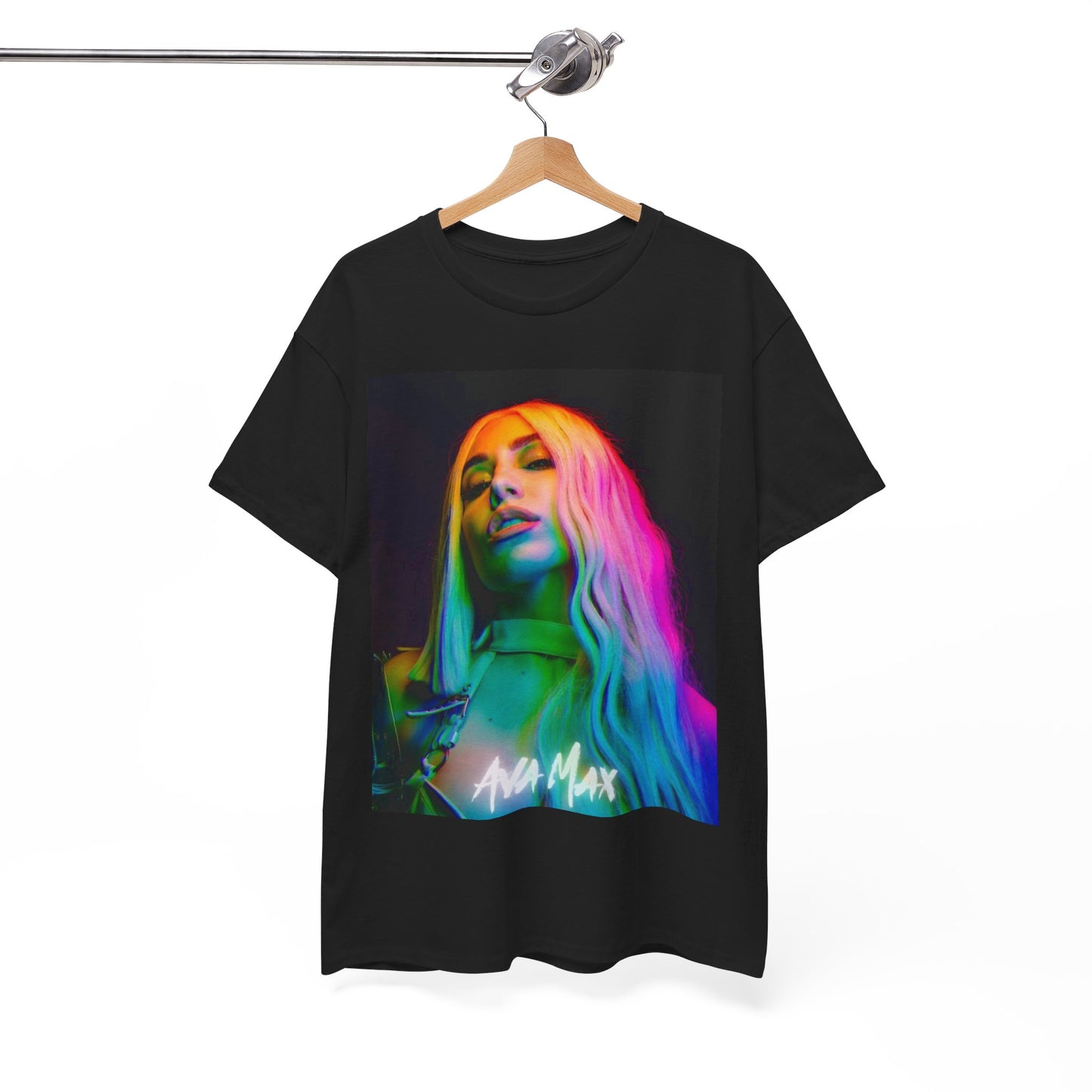 A black graphic t-shirt featuring a graphic of Ava Max with a rainbow or colorful glow effect around her.