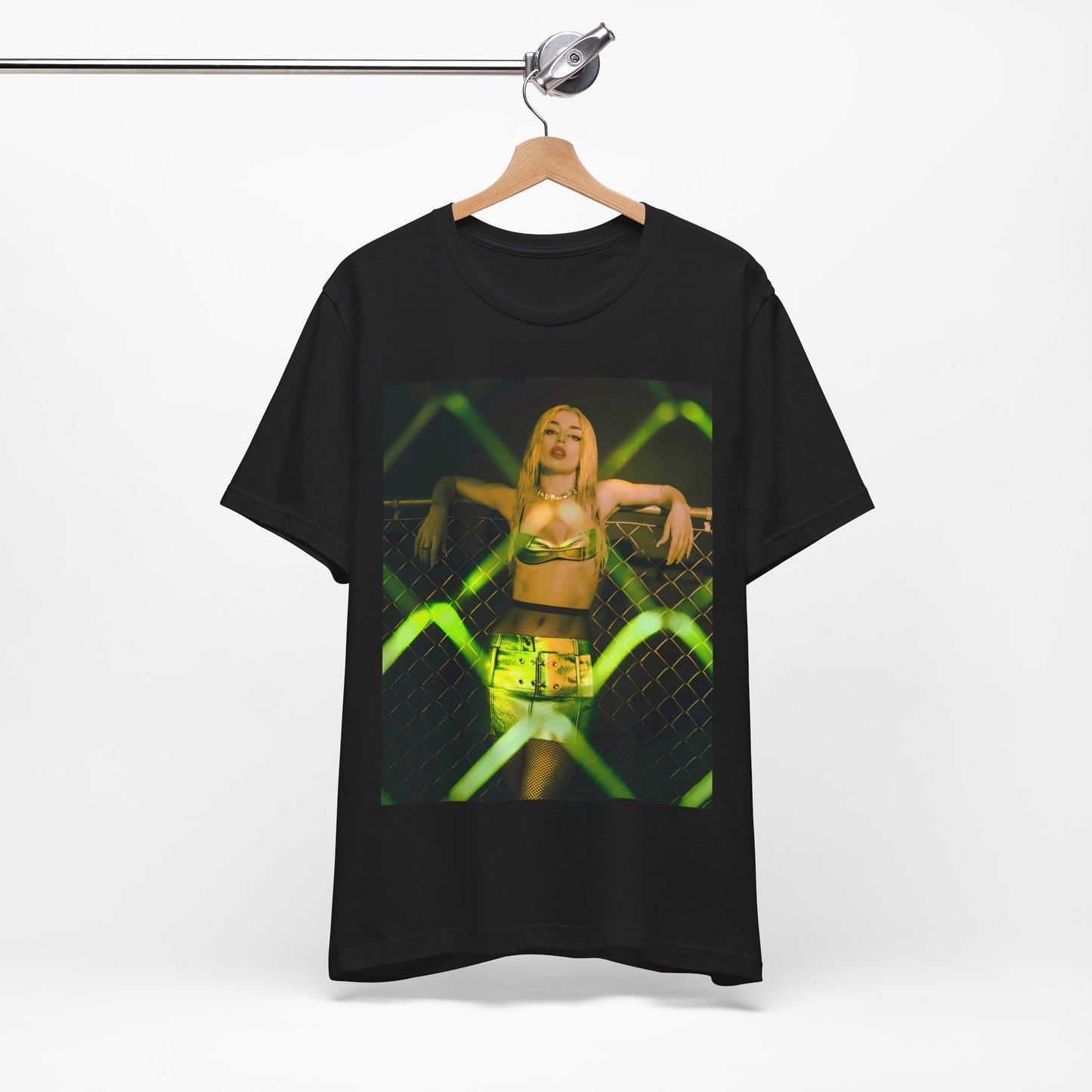 A black graphic t-shirt featuring a graphic of Ava Max with prominent neon green aesthetic elements.