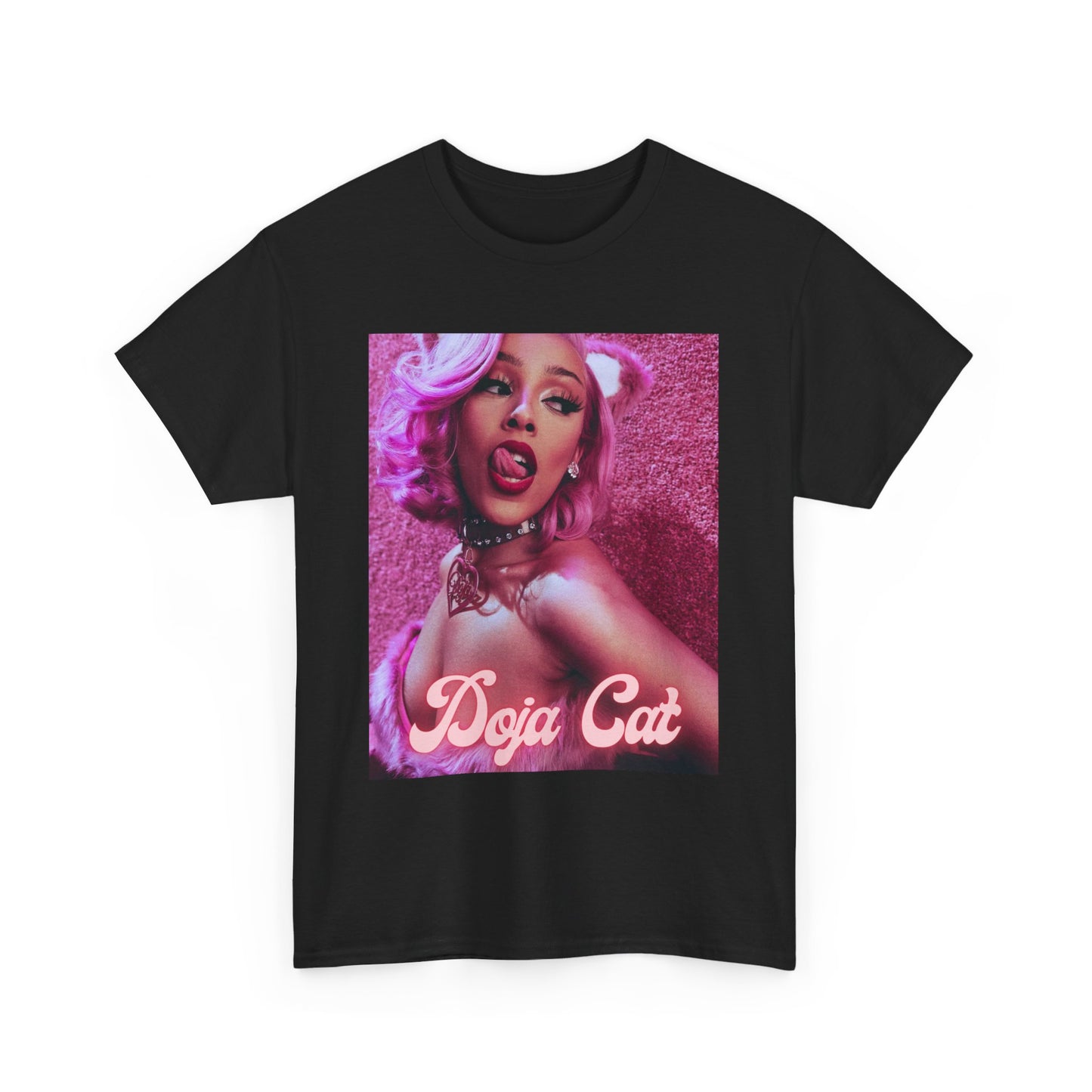 A black graphic t-shirt featuring a graphic of Doja Cat as a rap star with an aesthetic design.