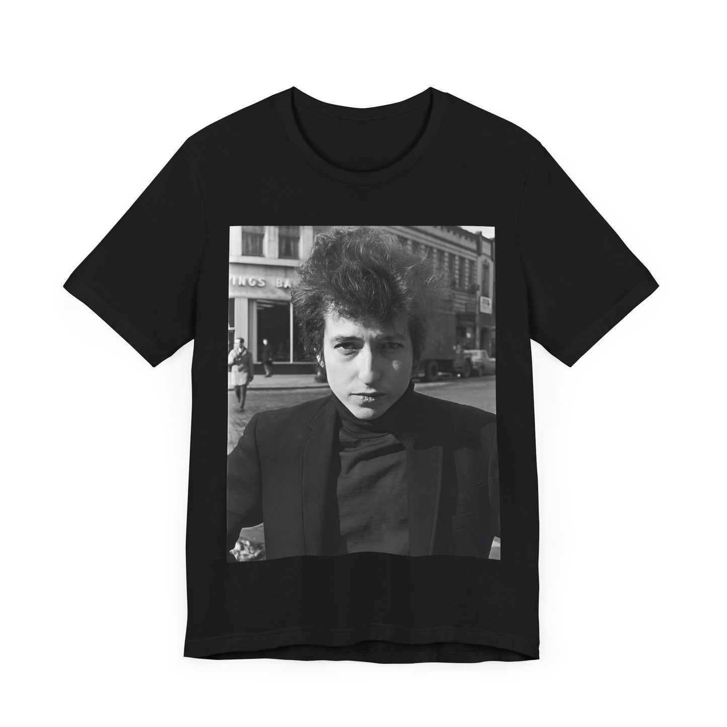 A black graphic t-shirt featuring a 60s black and white photo portrait of Bob Dylan.