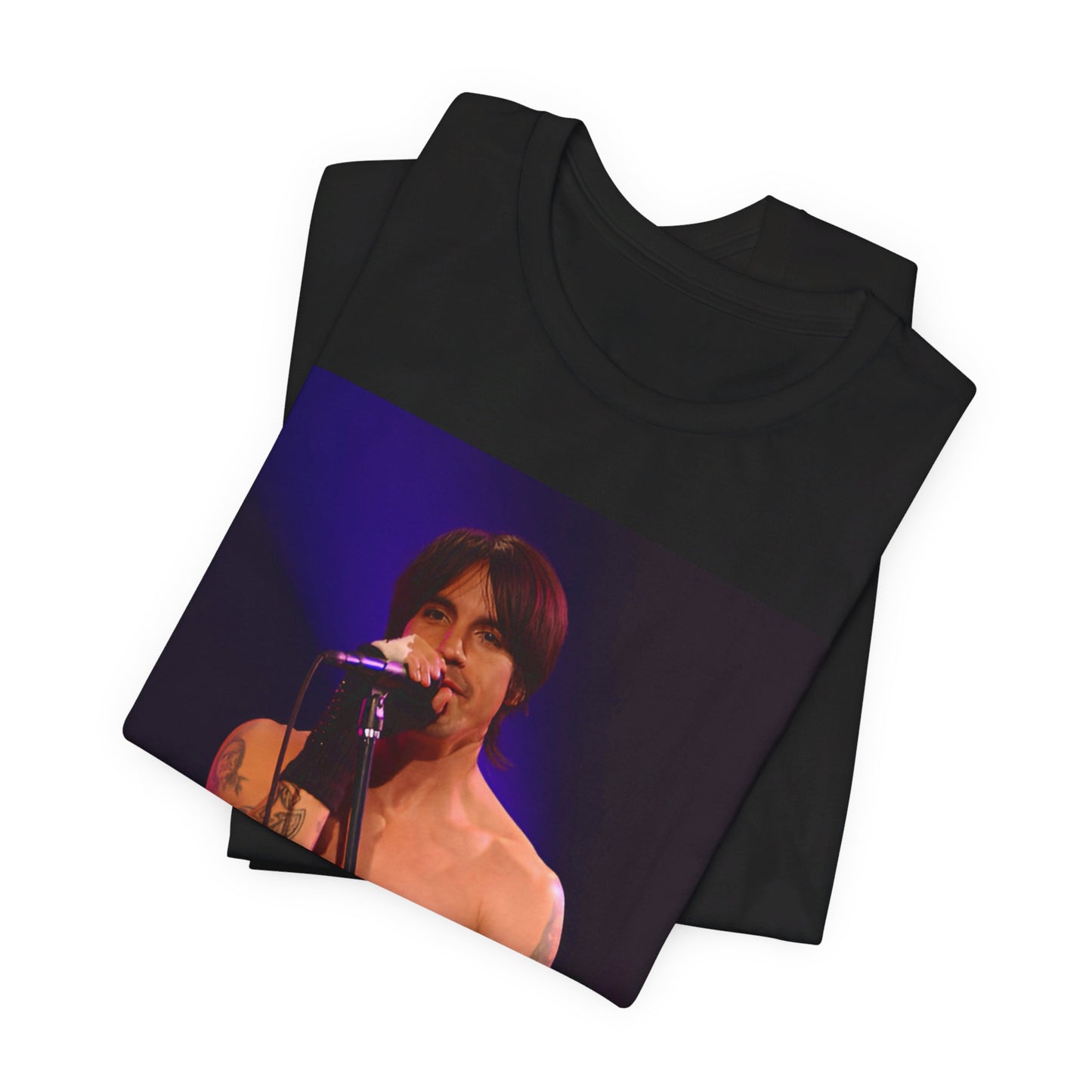 A black graphic t-shirt featuring a graphic of Anthony Kiedis from Red Hot Chili Peppers on tour.