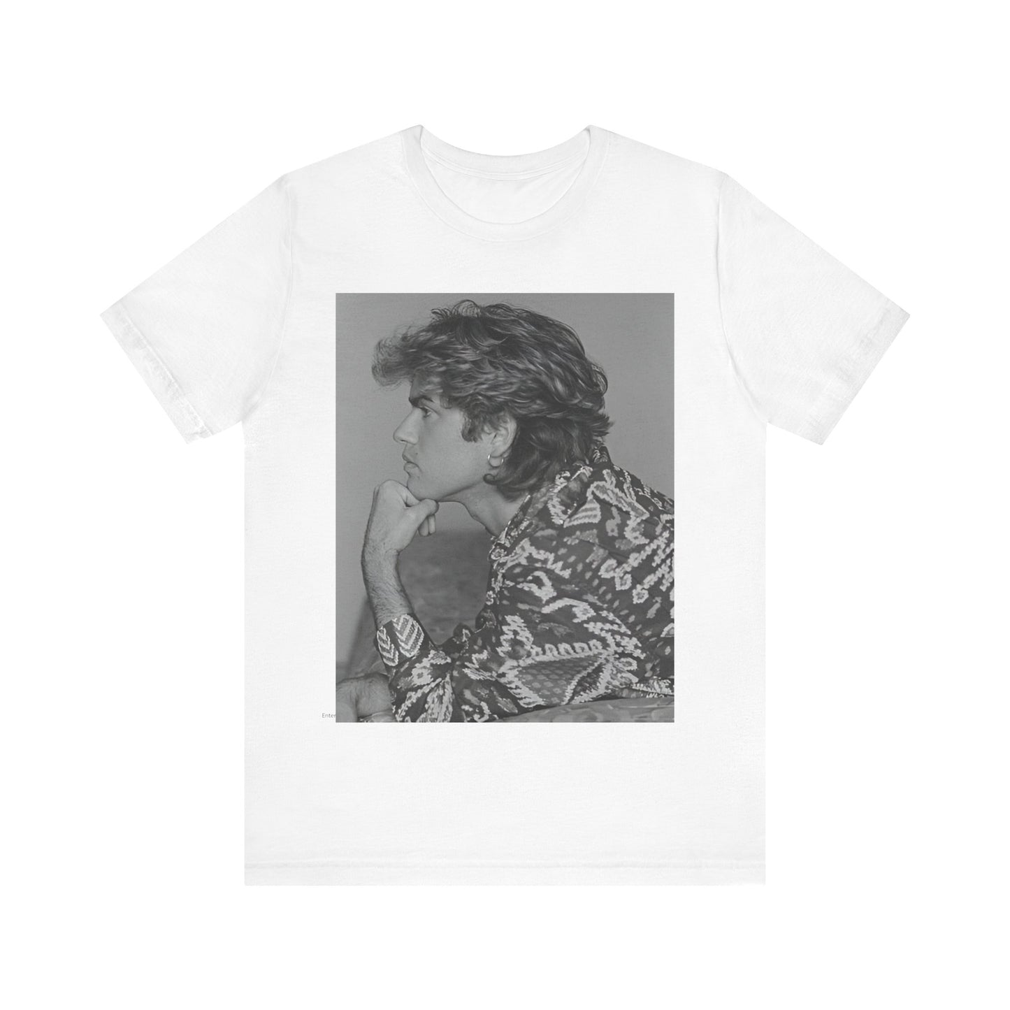 A black graphic t-shirt featuring a graphic of George Michael from his 80s Wham! era.