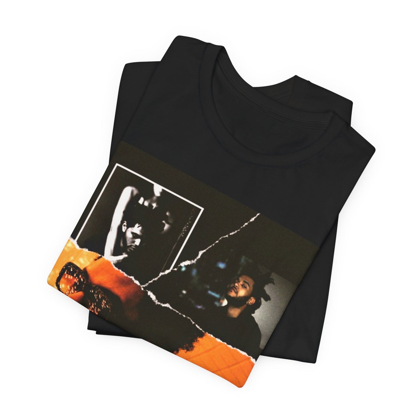 A black graphic t-shirt featuring a retro bootleg graphic of The Weeknd.