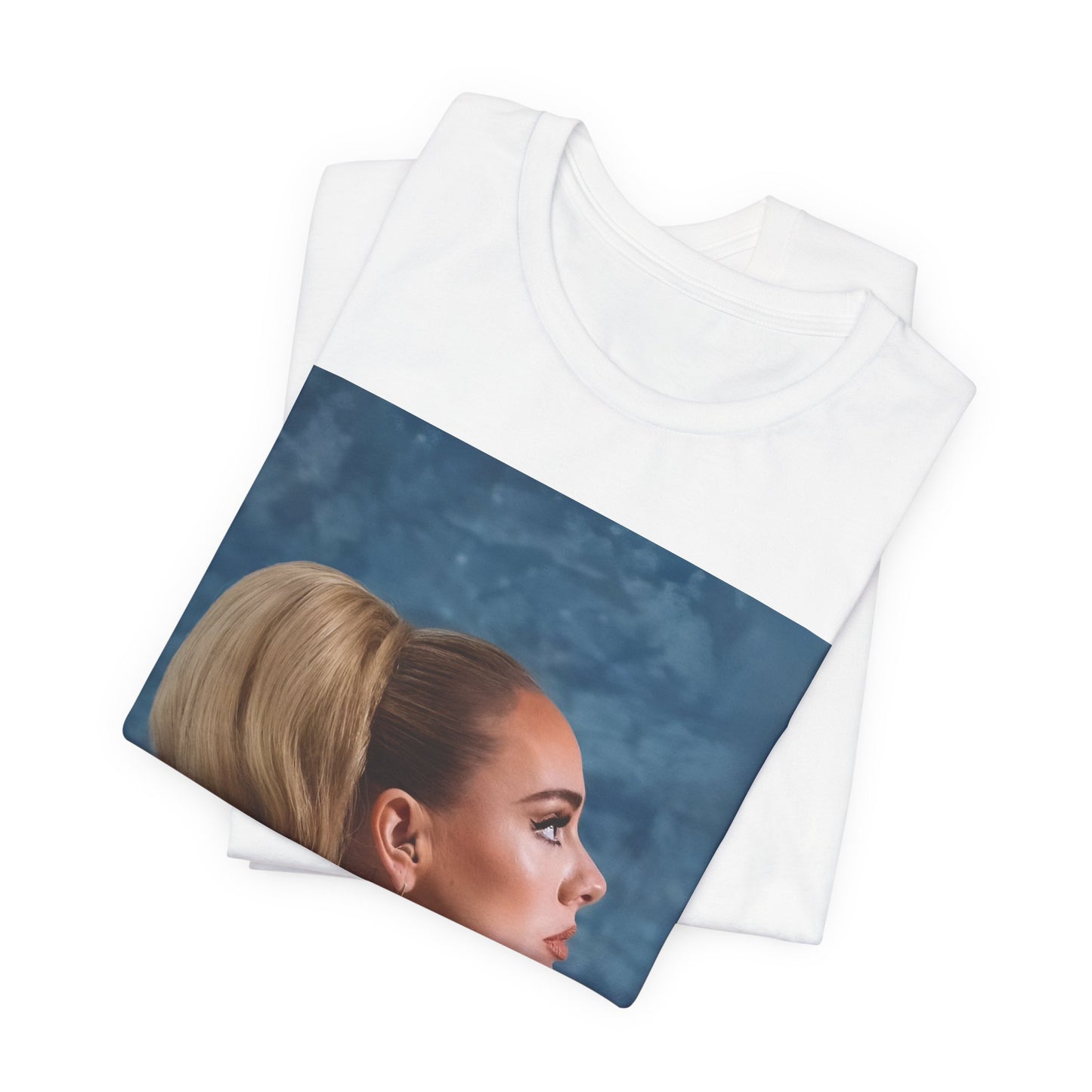 A black graphic t-shirt featuring a black and white photo of Adele in a vintage glamorous look, with classic hair and makeup.