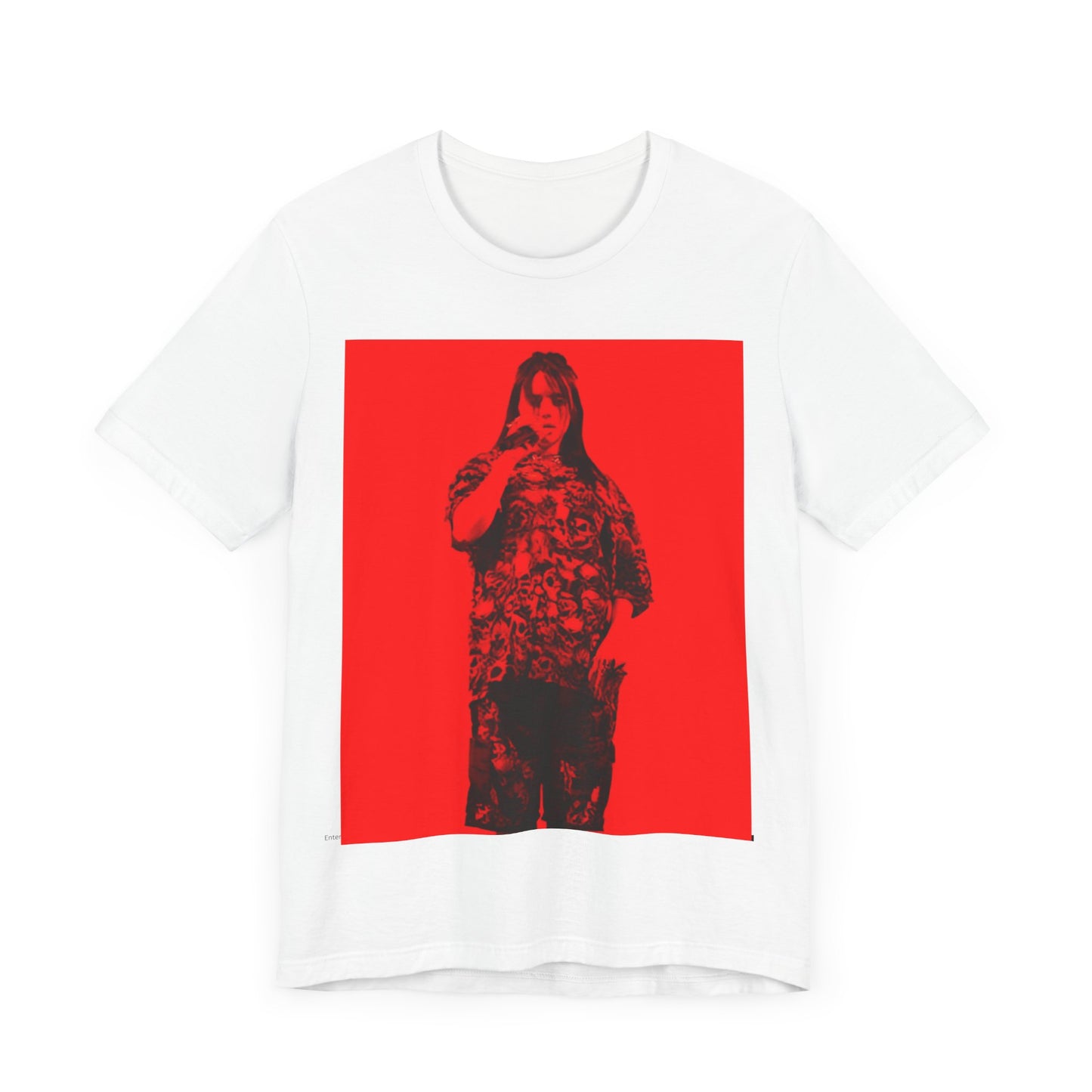 A portrait of Billie Eilish with platinum blonde hair from her 'Happier Than Ever' era, looking over her shoulder, printed on a graphic t-shirt.