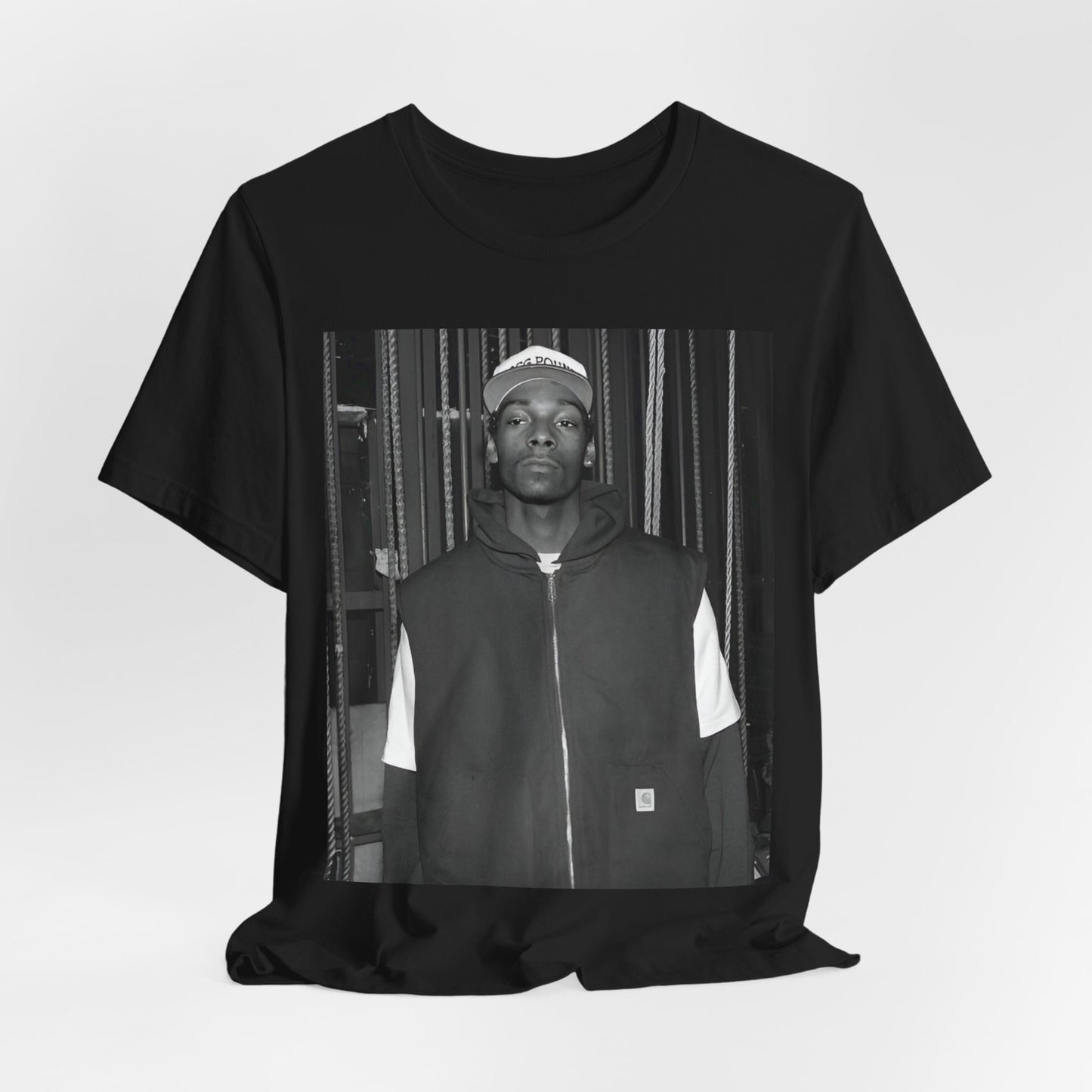 A black graphic t-shirt featuring a graphic of Snoop Dogg emphasizing a rebellious spirit.
